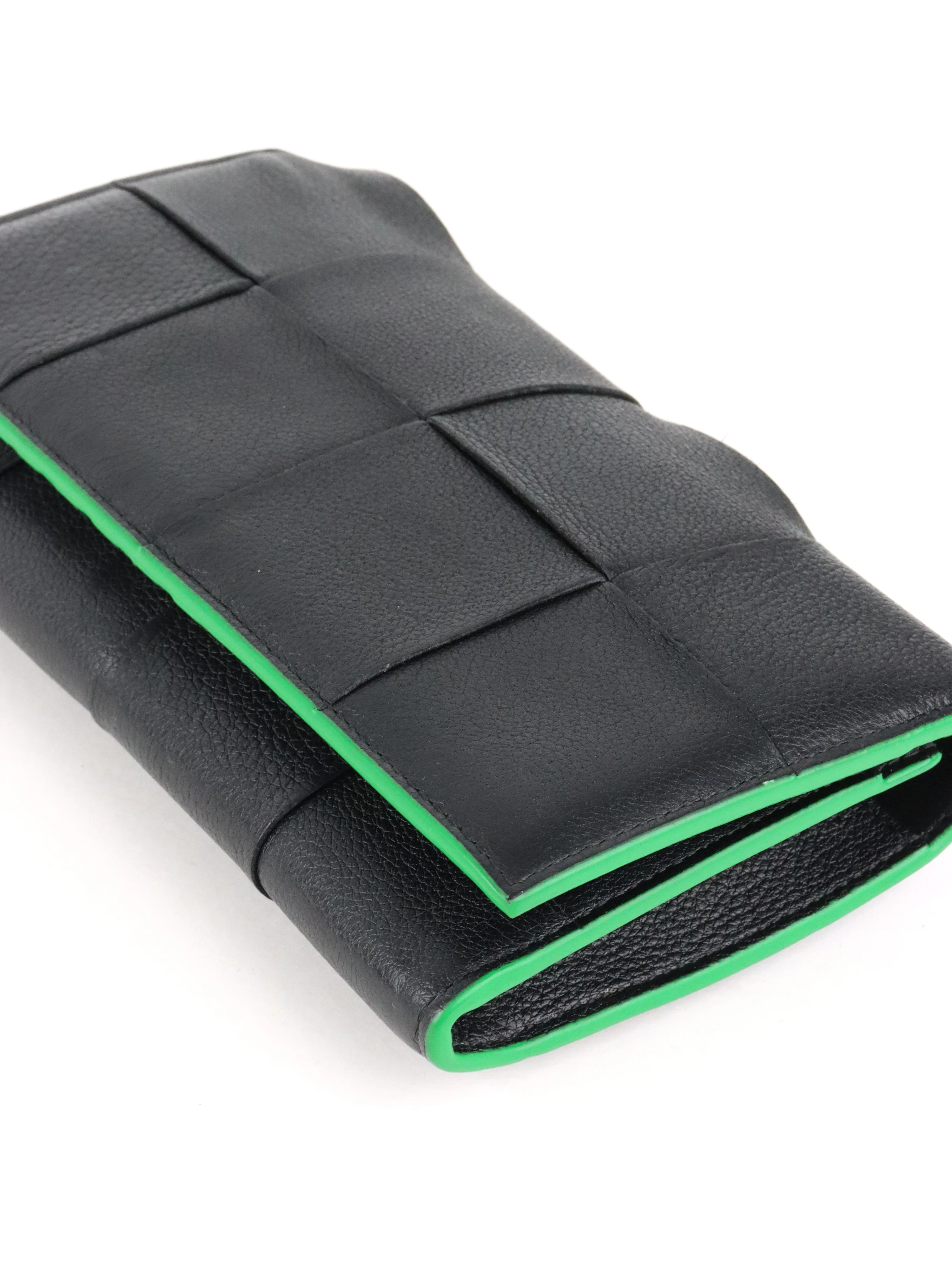 Bottega Veneta Black  Green Long Flap Cassette Wallet