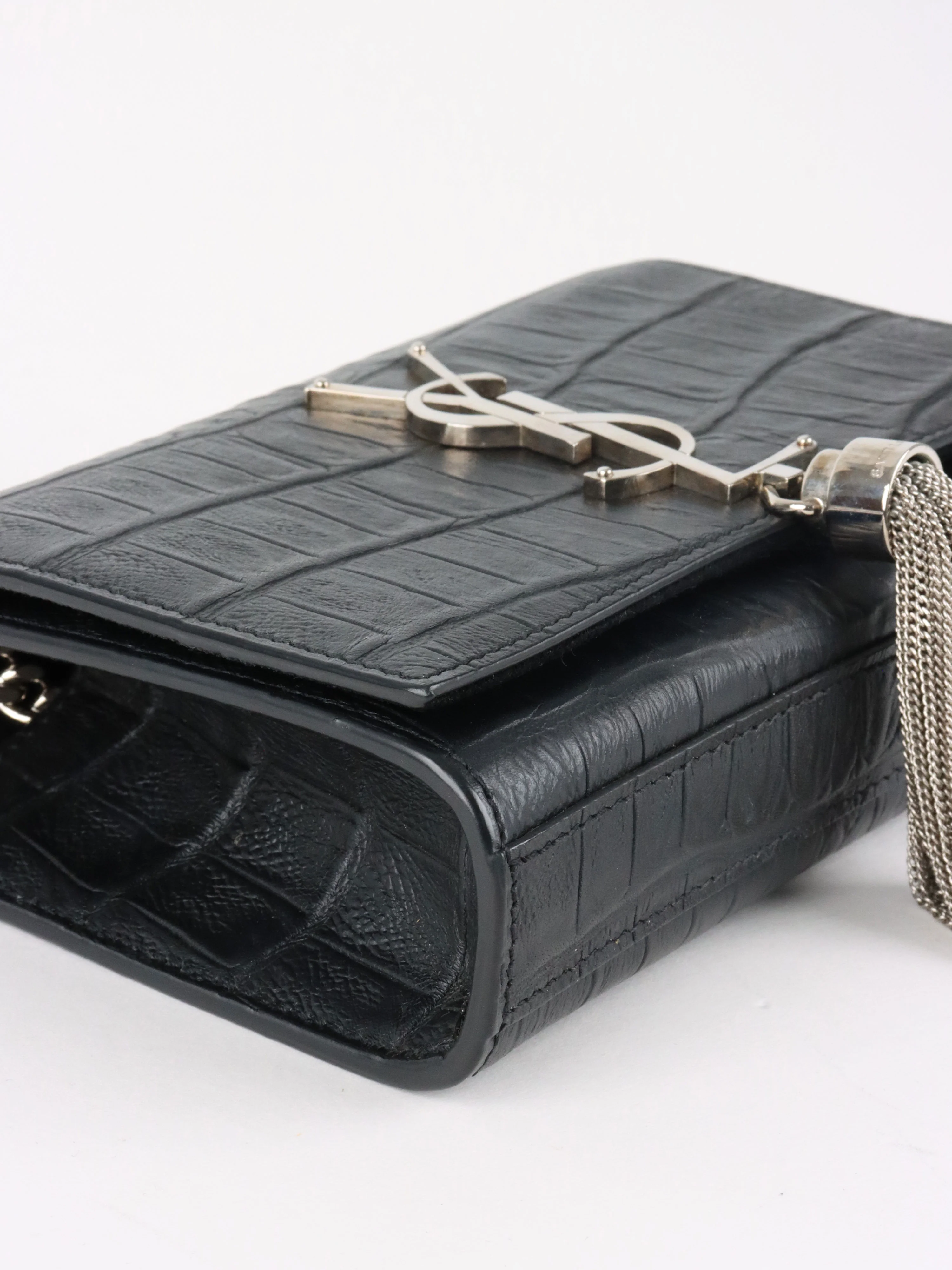 Saint Laurent Black Small Croc Embossed Kate Tassel SHW