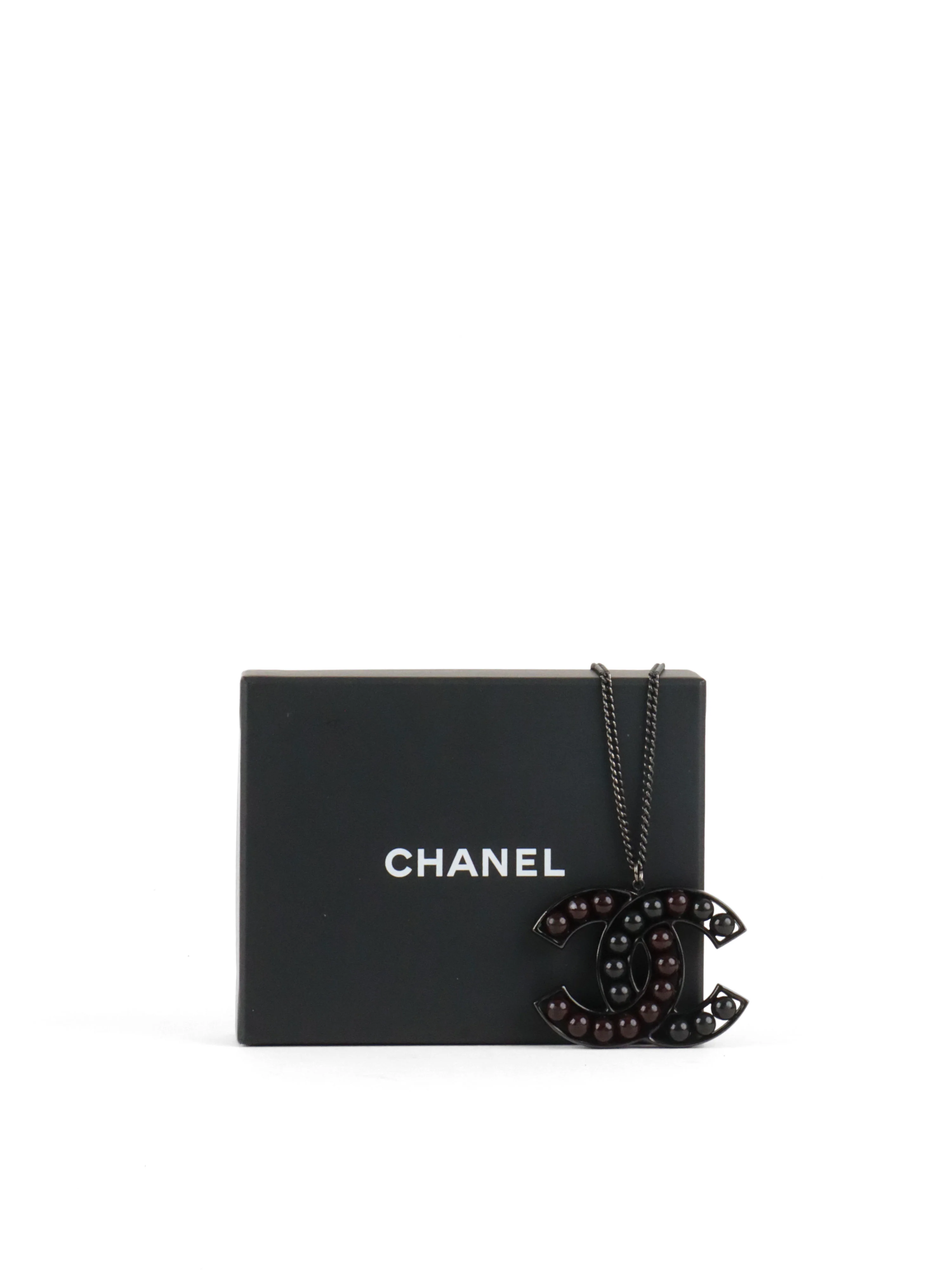 Chanel Black and Dark Burgundy Enamel CC Pendant Necklace
