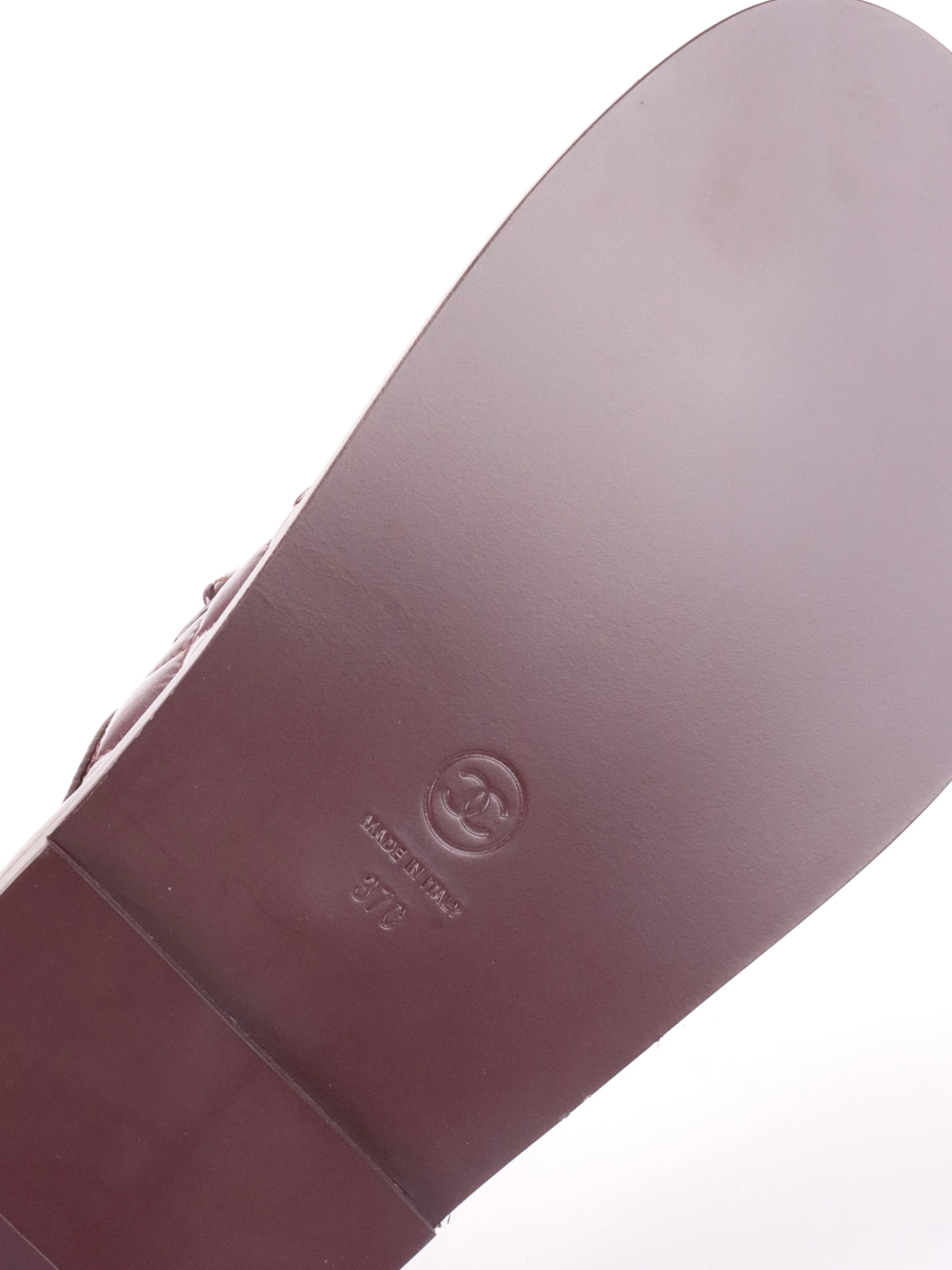 Chanel 21C Burgundy Red Patent Gold CC Logo Mule Slides.
