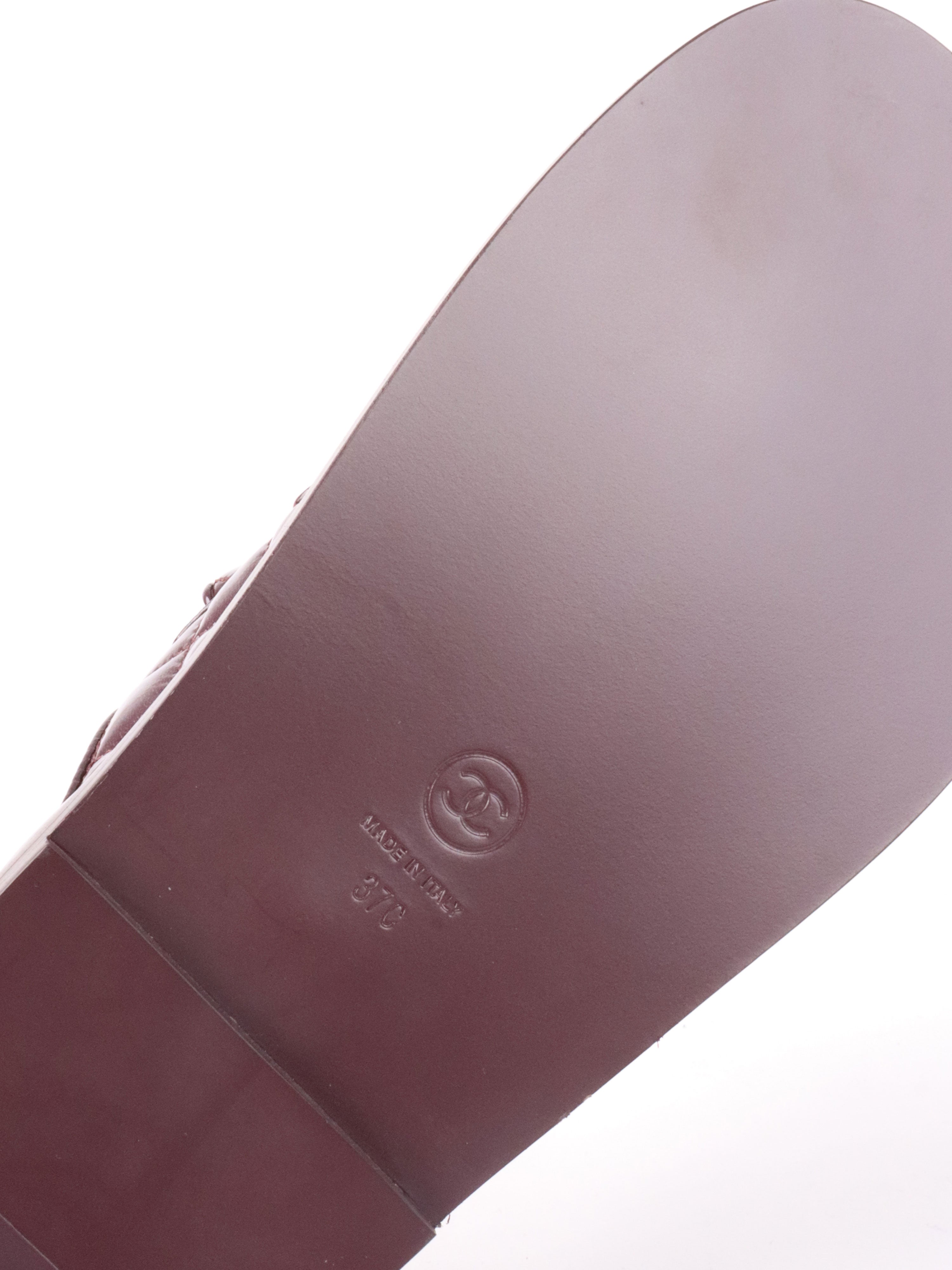 Chanel 21C Burgundy Red Patent Gold CC Logo Mule Slides.