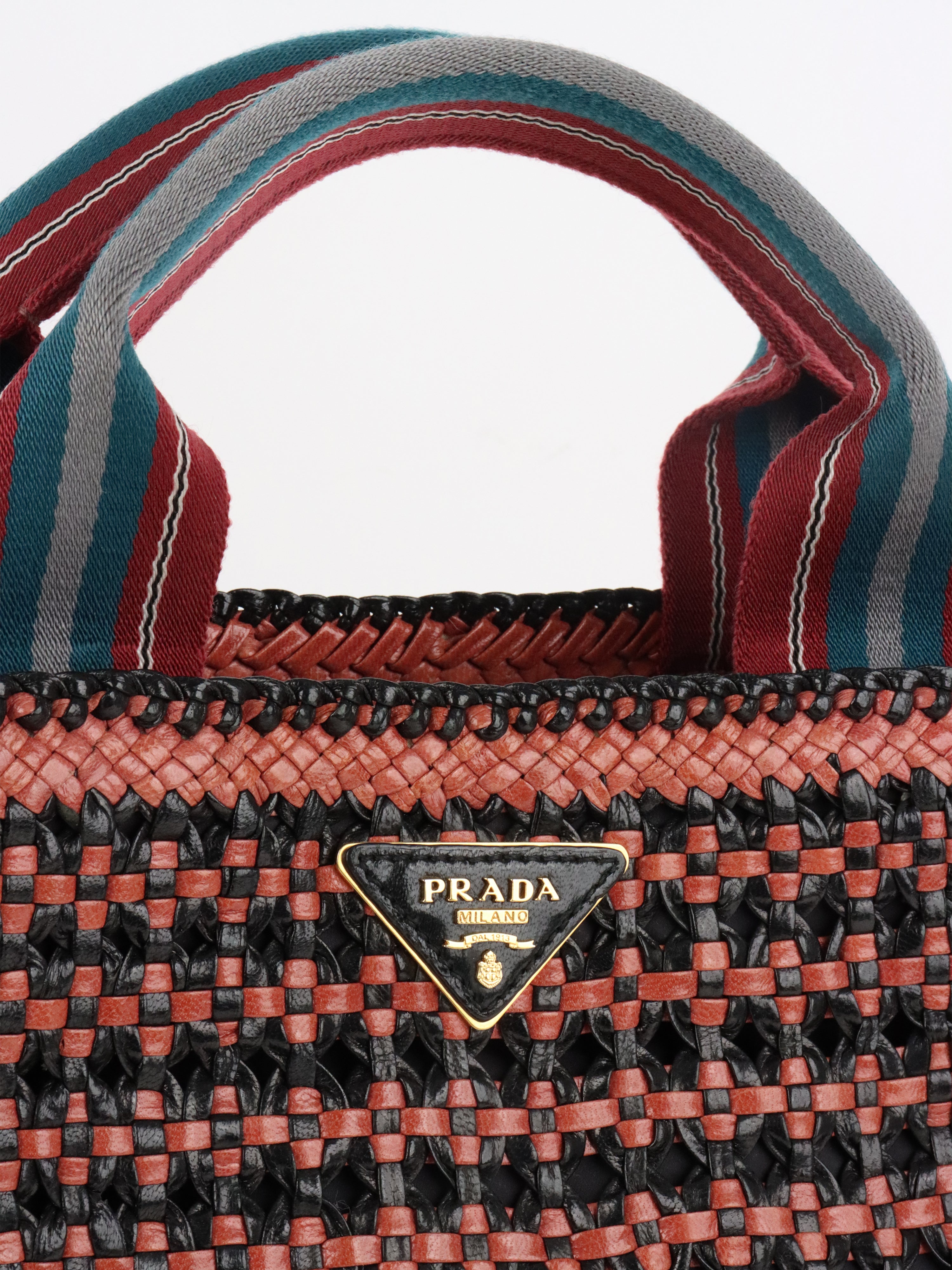 Prada Red/Black Madras Woven Leather Tote Bag