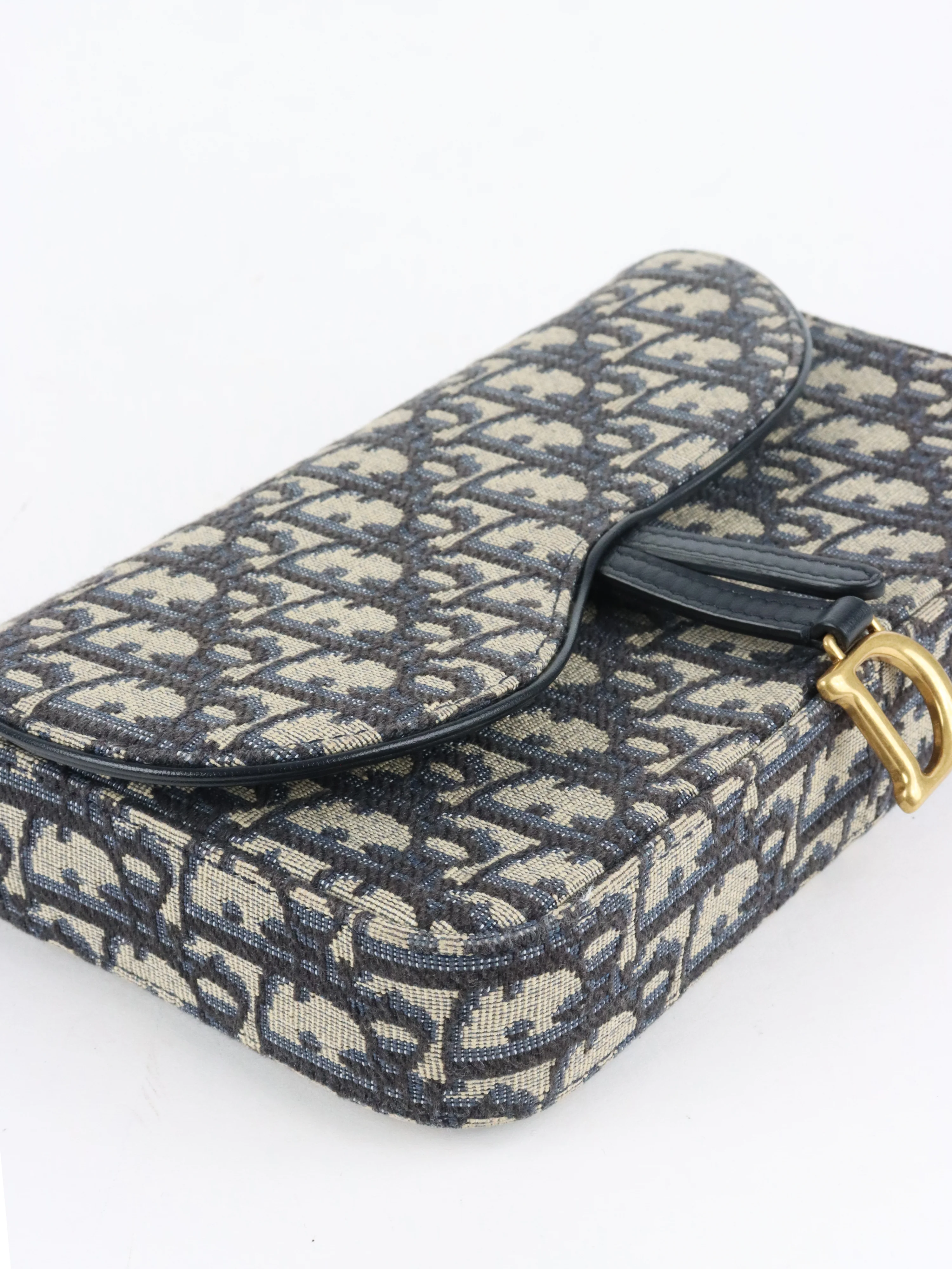 Dior Blue Oblique Jacquard Medium Saddle Pouch with Chain