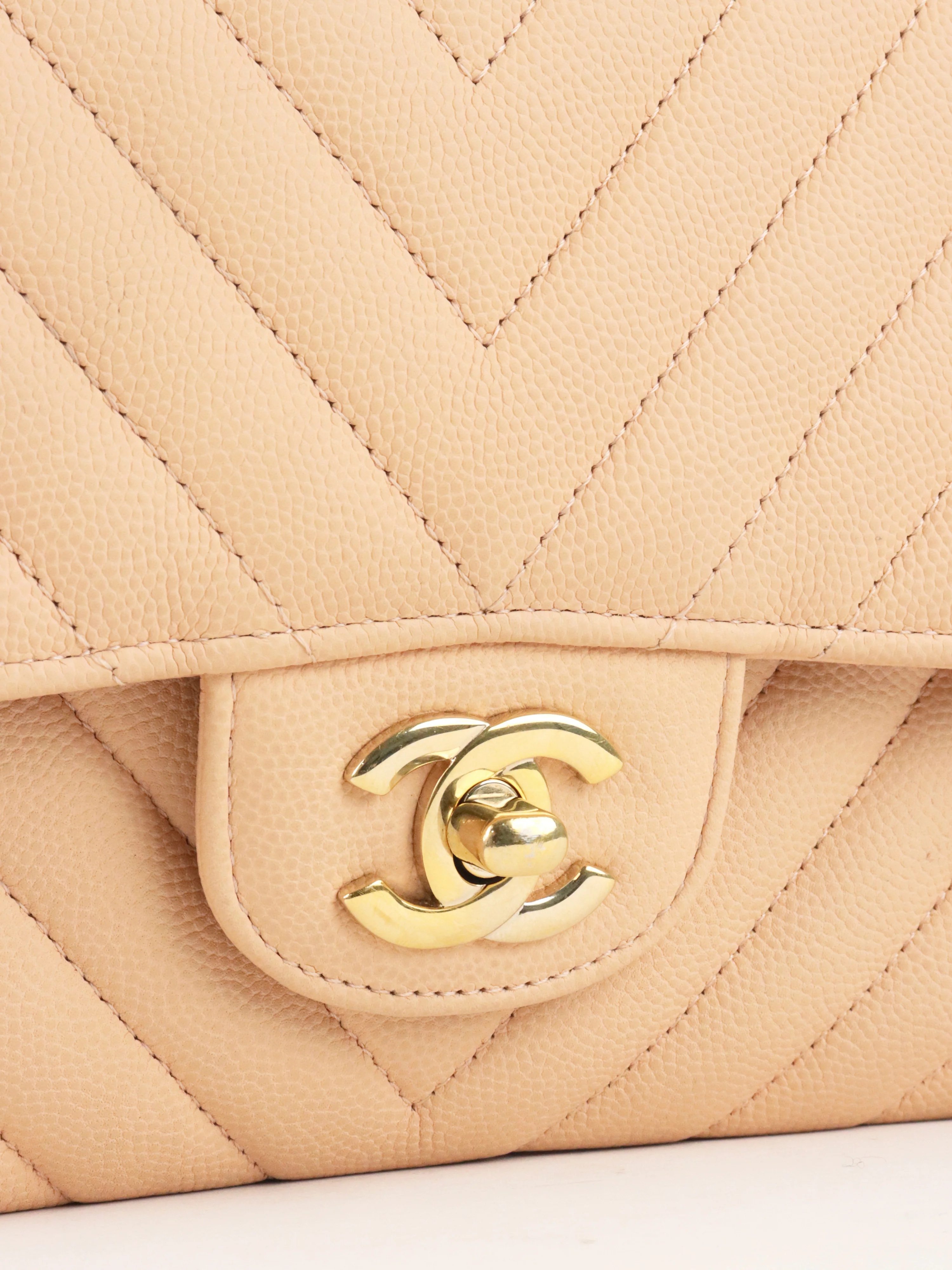 Chanel Beige Claire Chevron Caviar Classic Flap