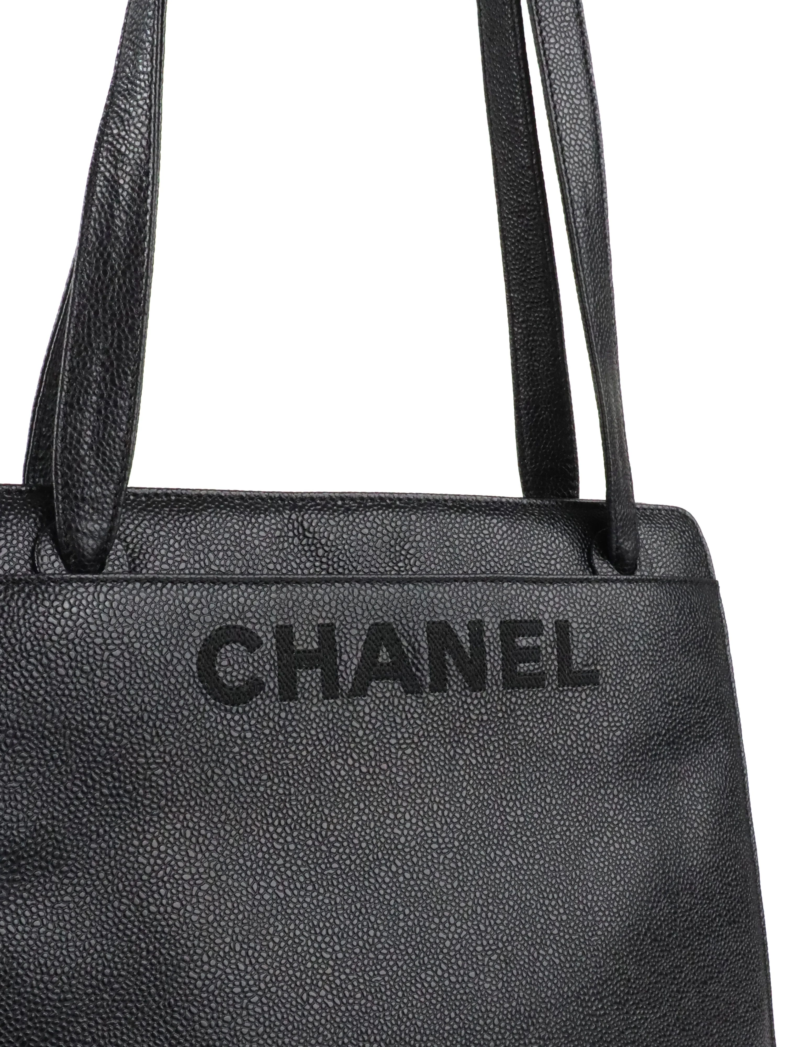 Chanel Vintage Stitched Logo Black Caviar Tote