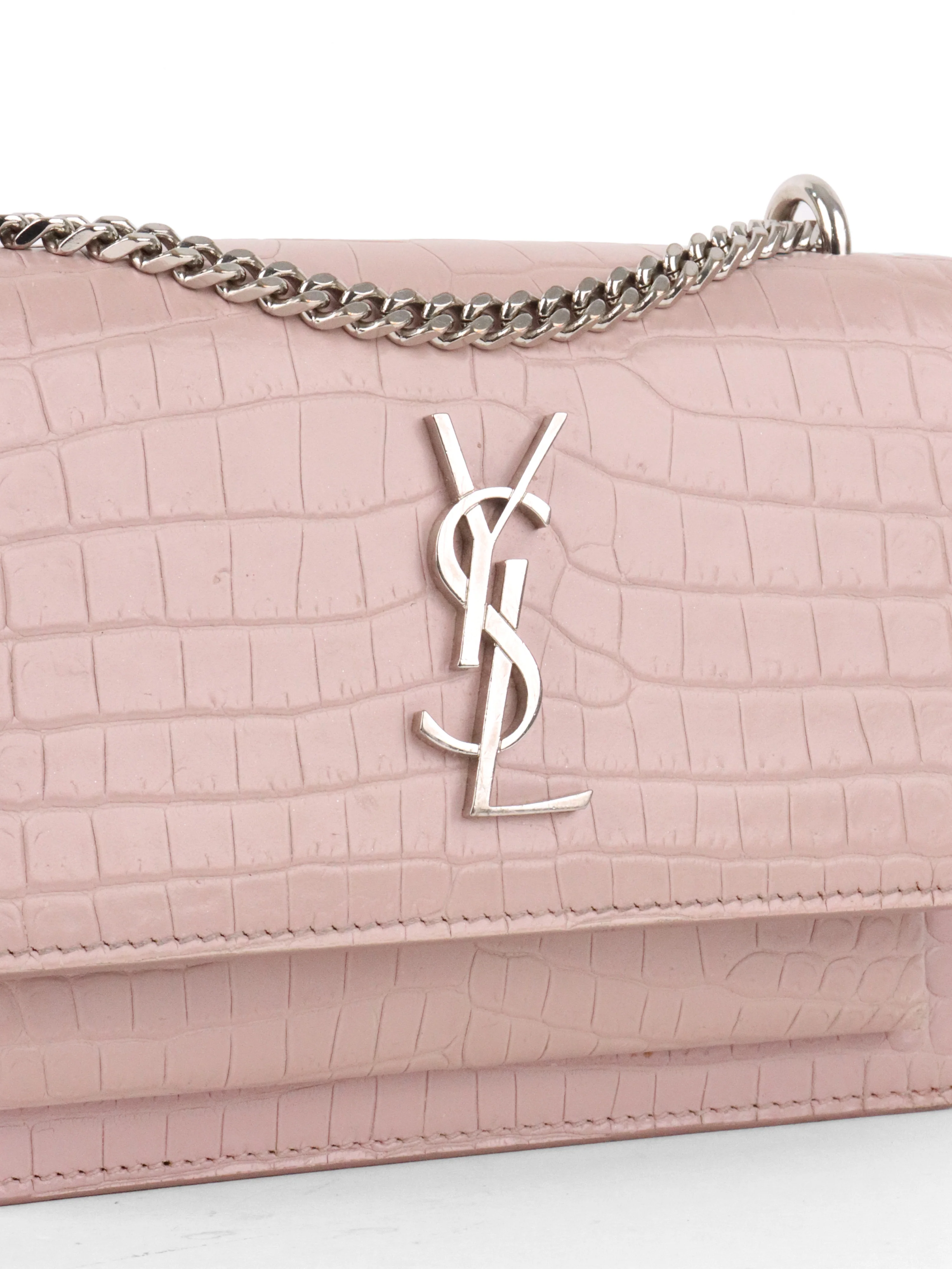 Saint Laurent Mini Pink Sunset Crocodile Embossed Leather Bag