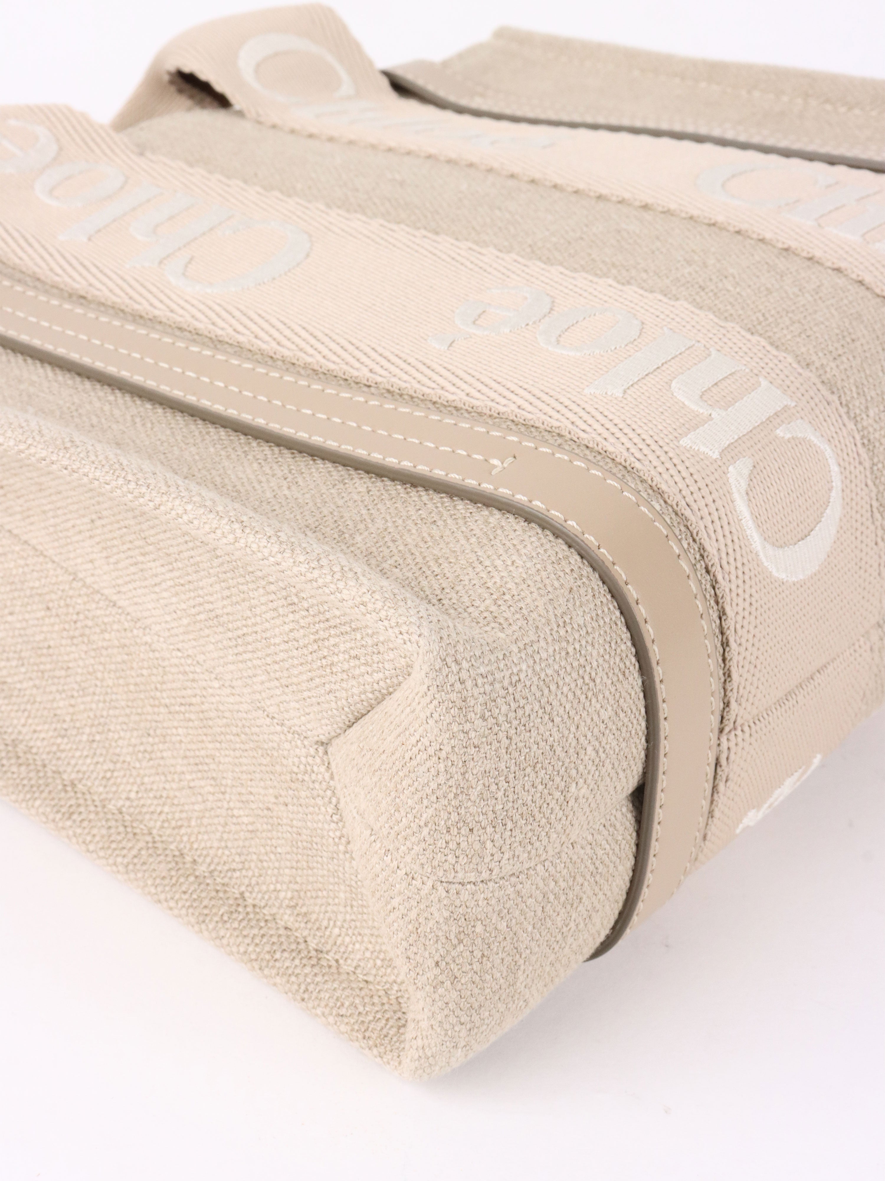 Chloe Neutral Small Woody Linen Tote Bag