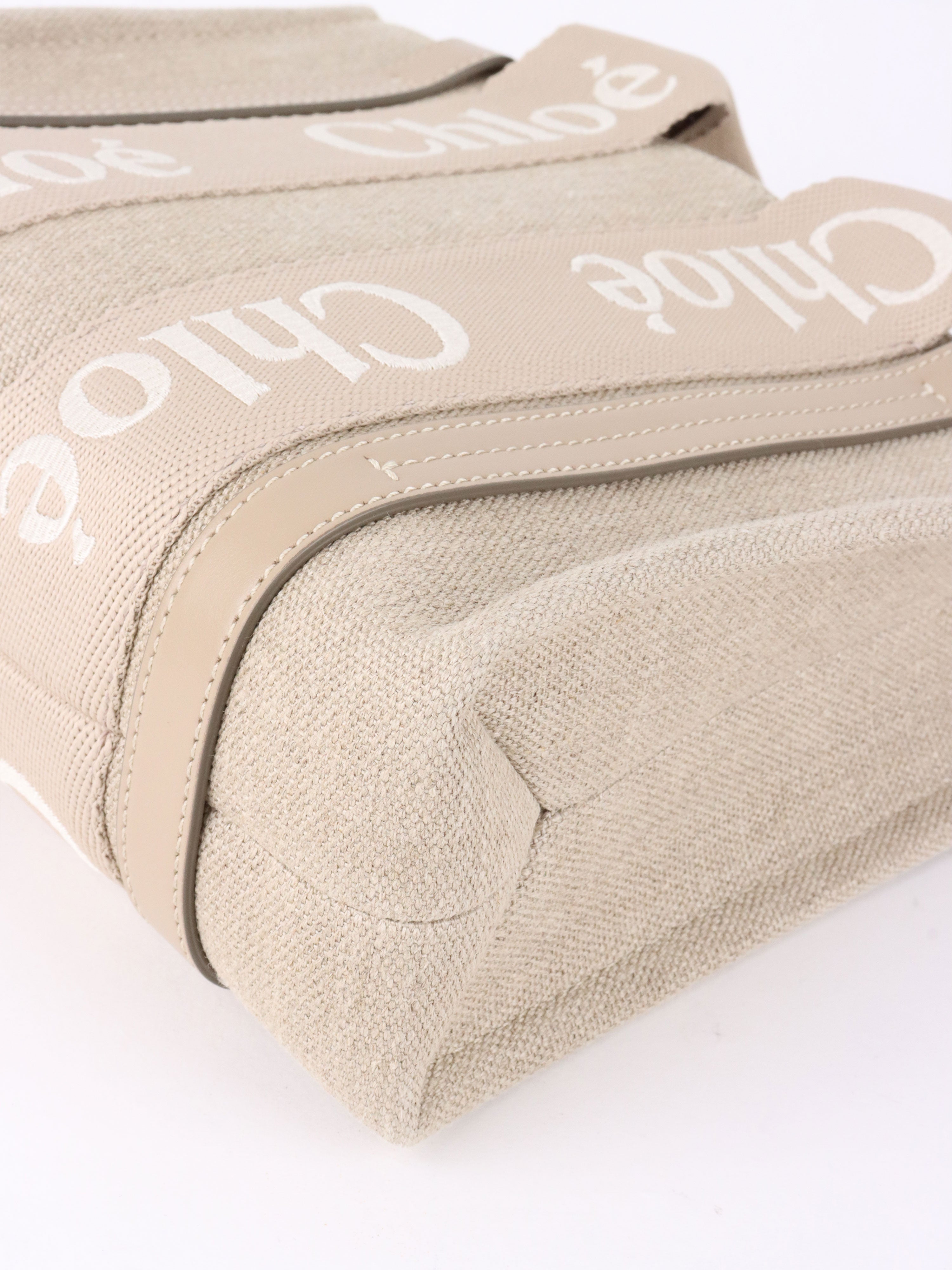 Chloe Neutral Small Woody Linen Tote Bag