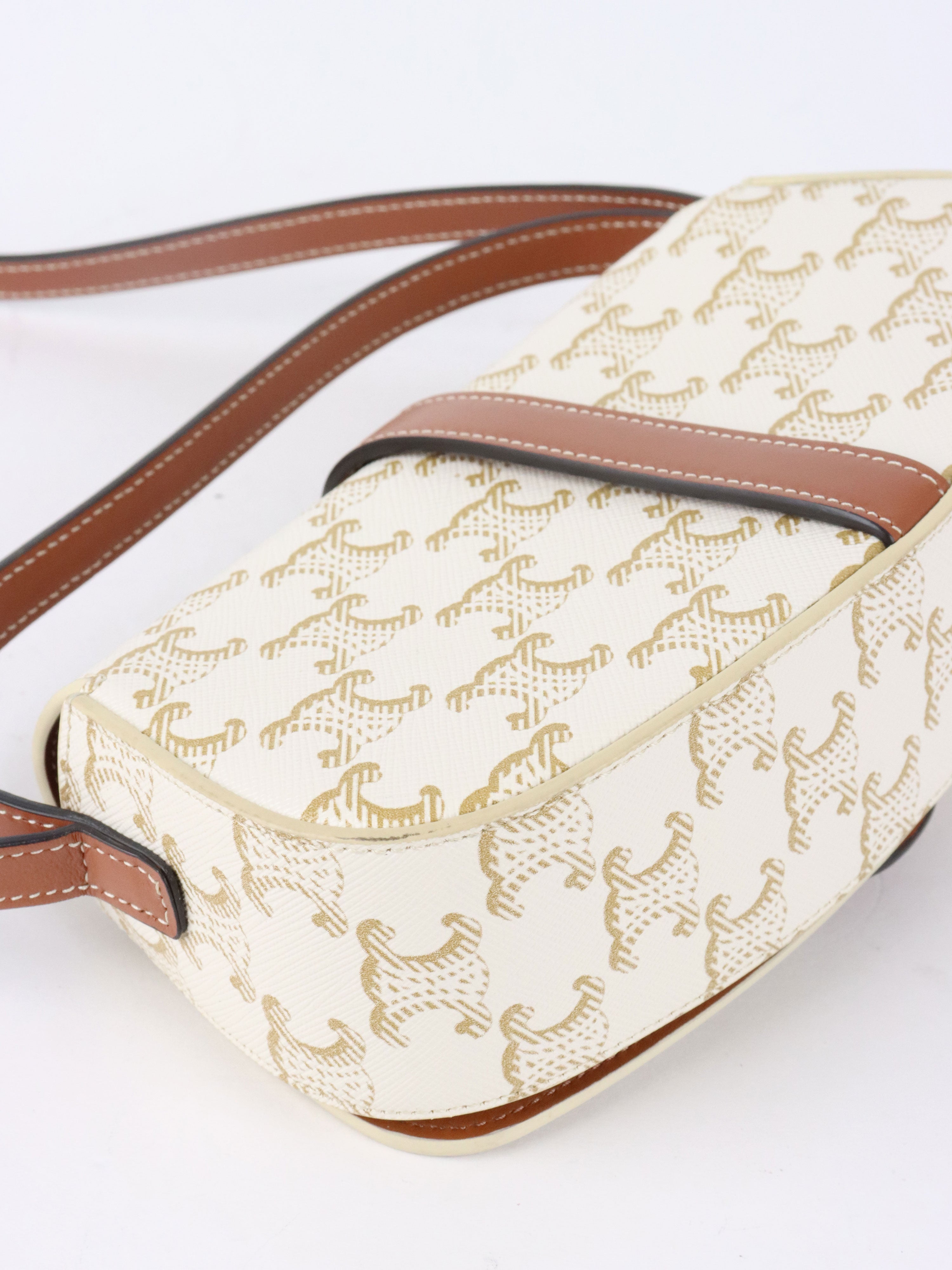 Celine White/Tan Triomphe Tabou Clutch with Strap