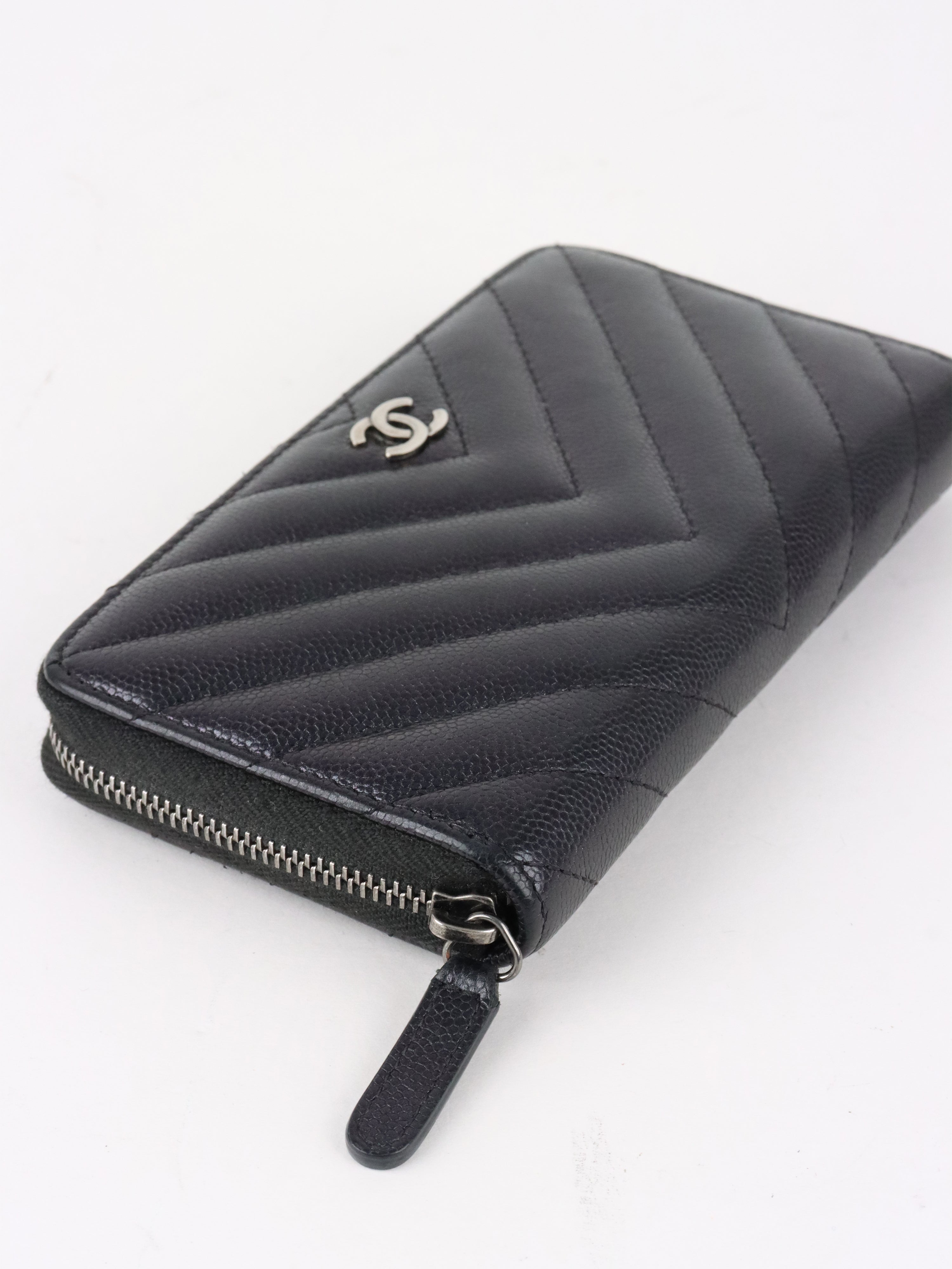 Chanel Irredescent Dark Charcoal Caviar Chevron Zip Wallet
