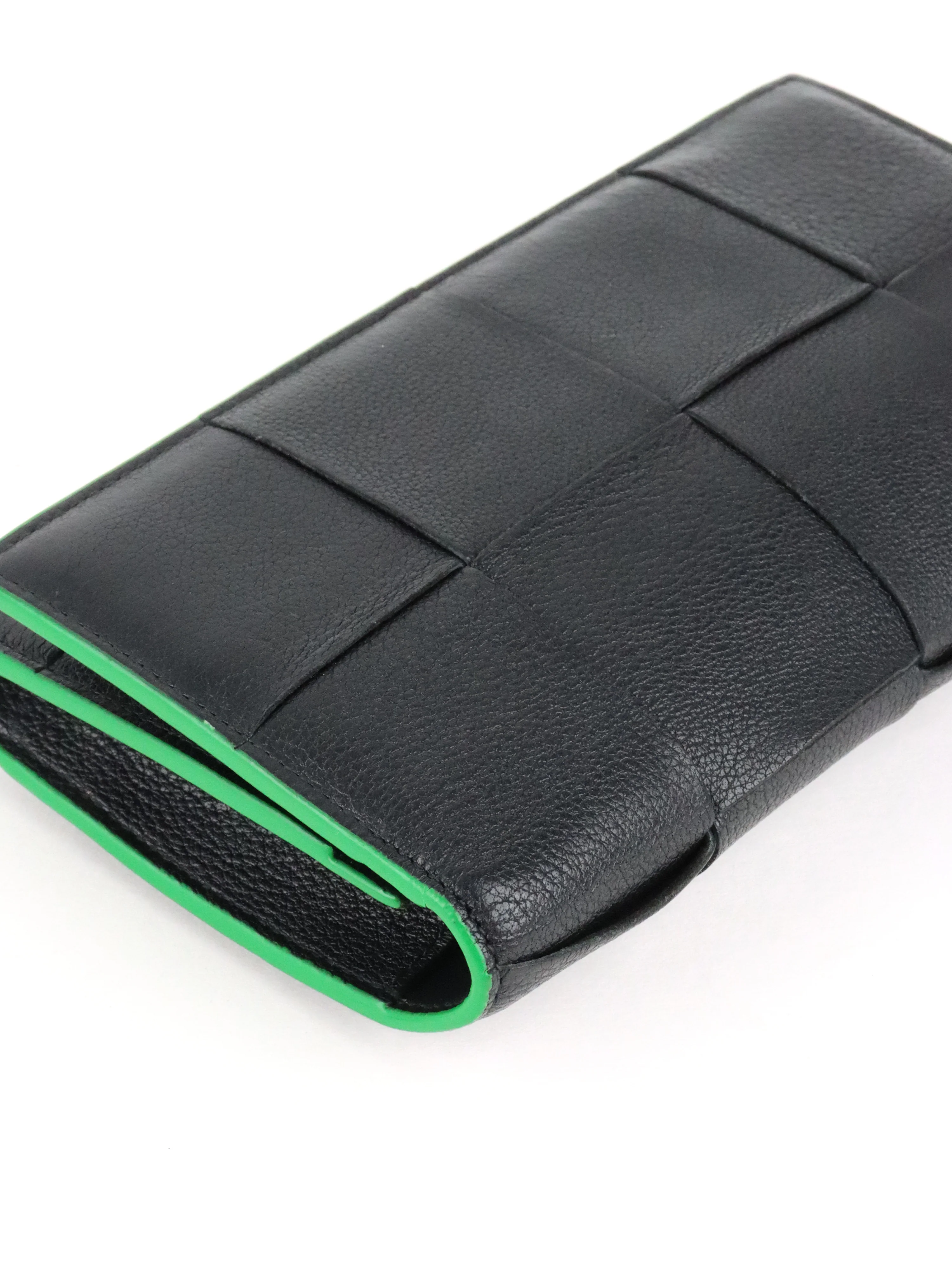 Bottega Veneta Black  Green Long Flap Cassette Wallet