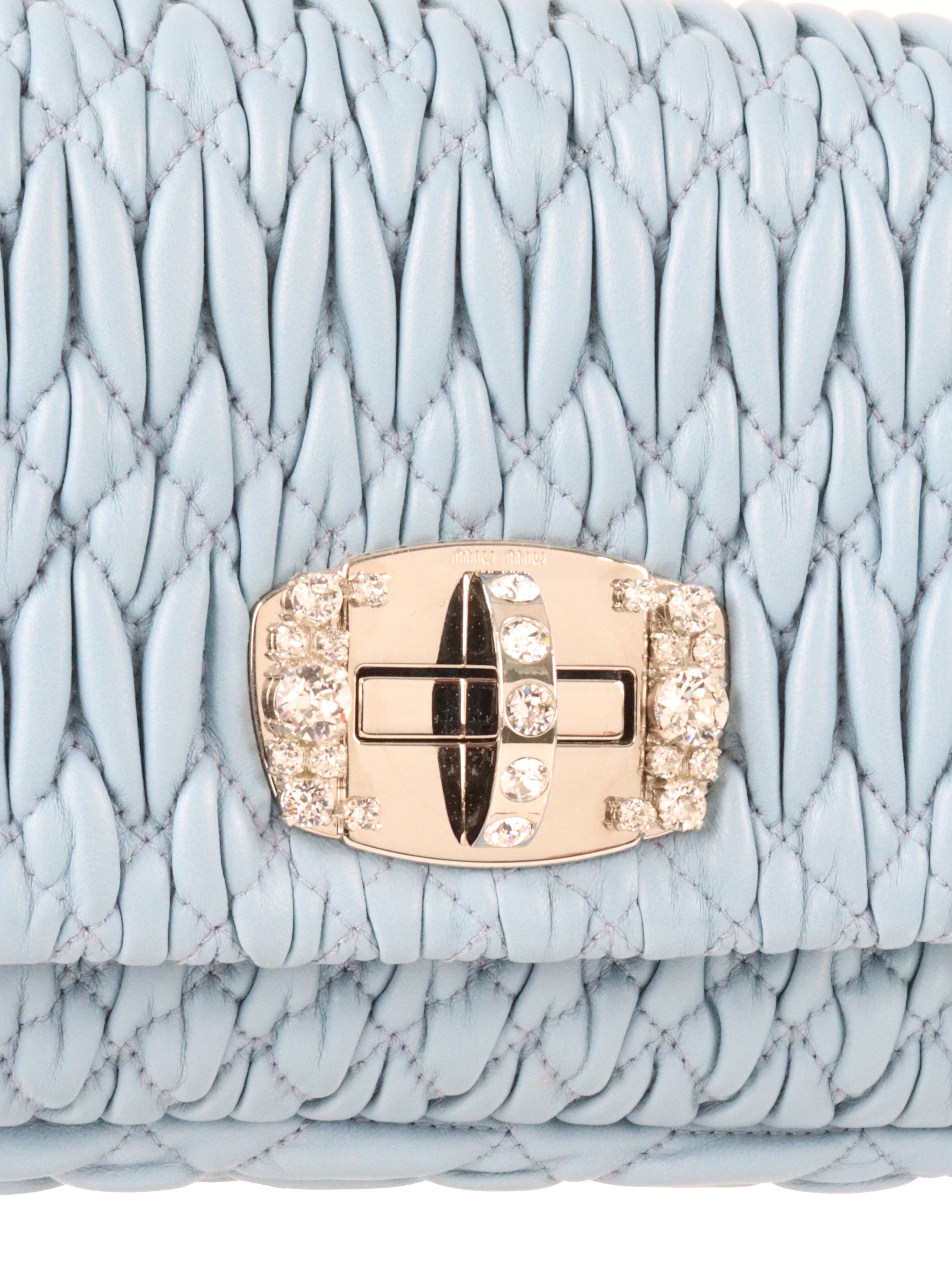 Miu Miu Light Blue Matelasse Nappa Crystal Chain Satchel