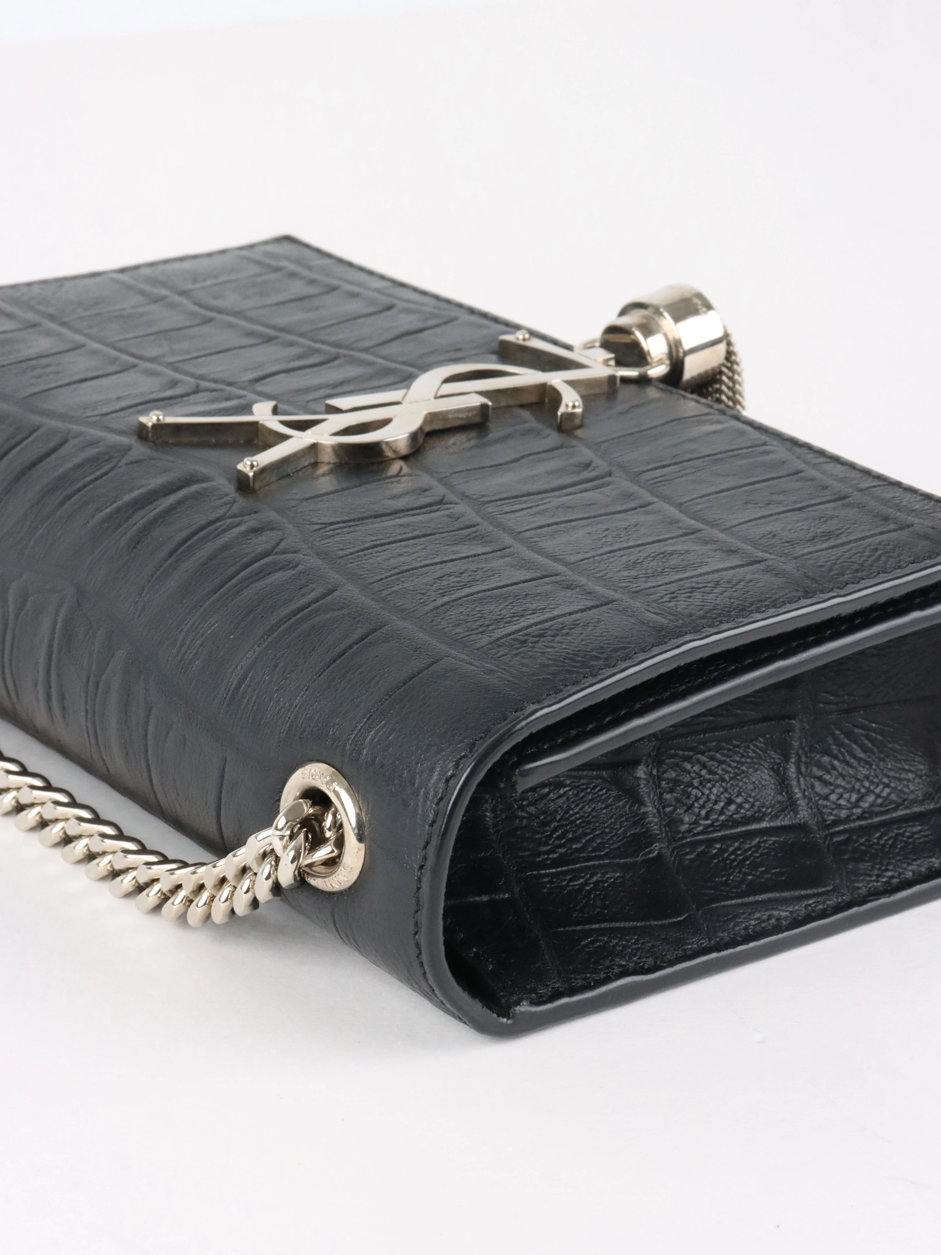 Saint Laurent Black Small Croc Embossed Kate Tassel SHW