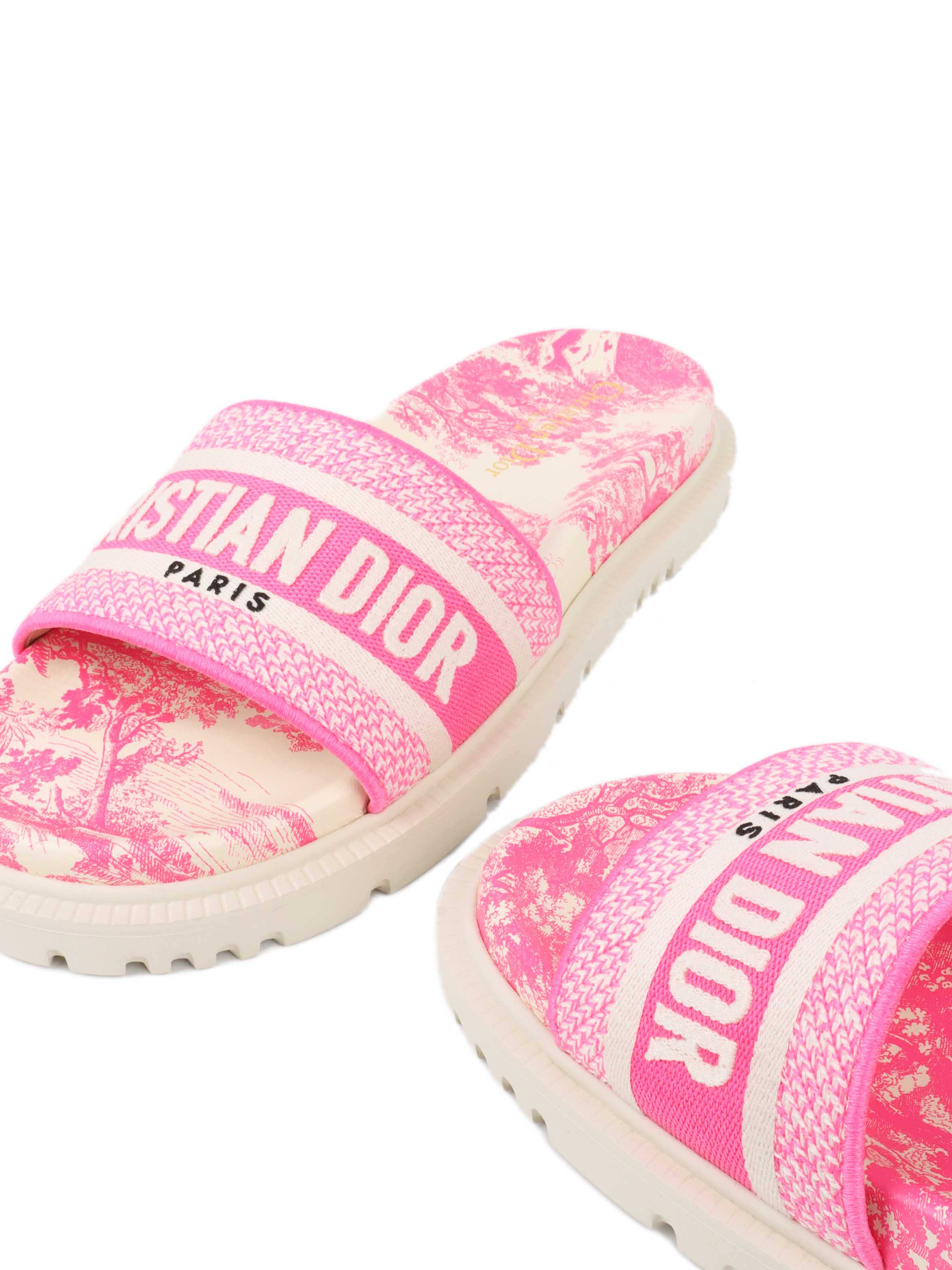 Dior Dway Rubber Slides in White 
Fluro Pink.