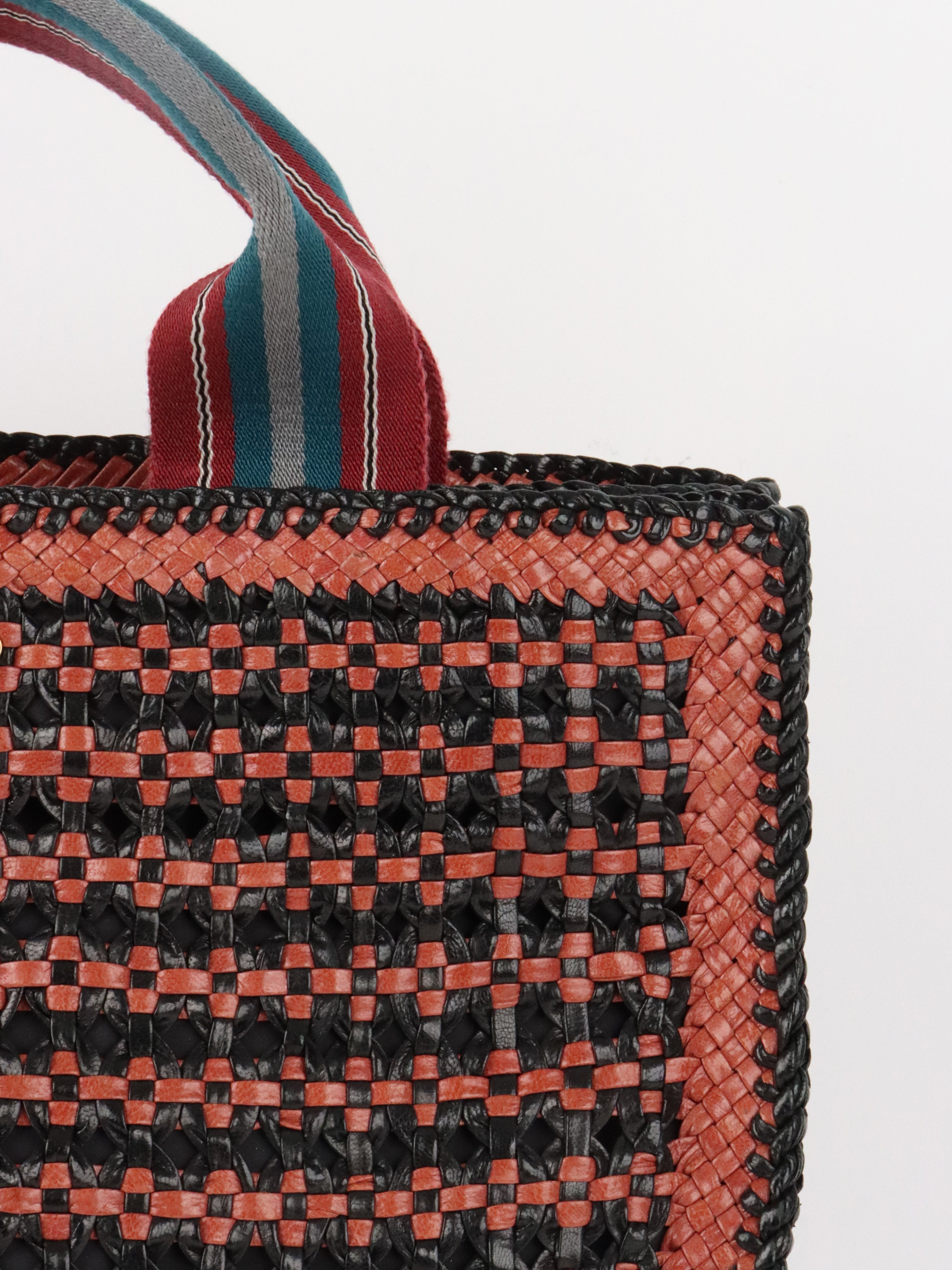 Prada Red/Black Madras Woven Leather Tote Bag