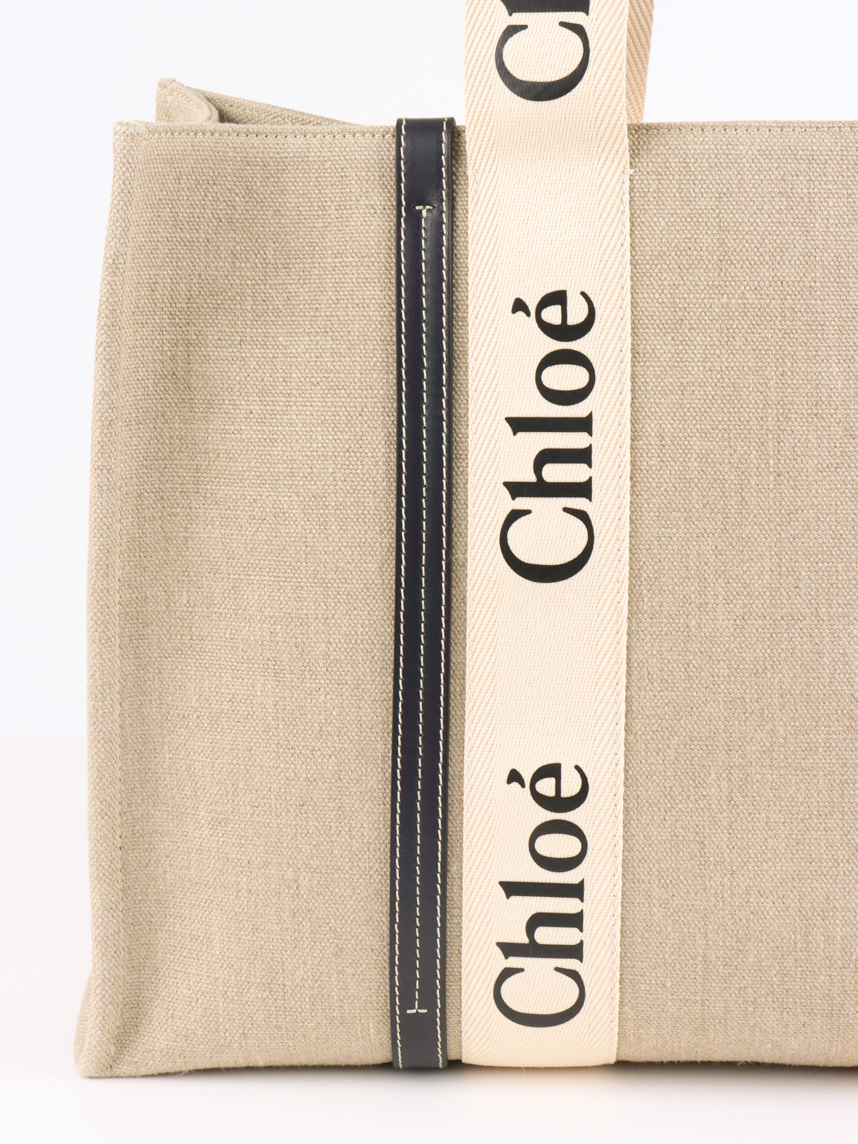 Chloe Large White  Blue Woody Tote Bag in Linen.