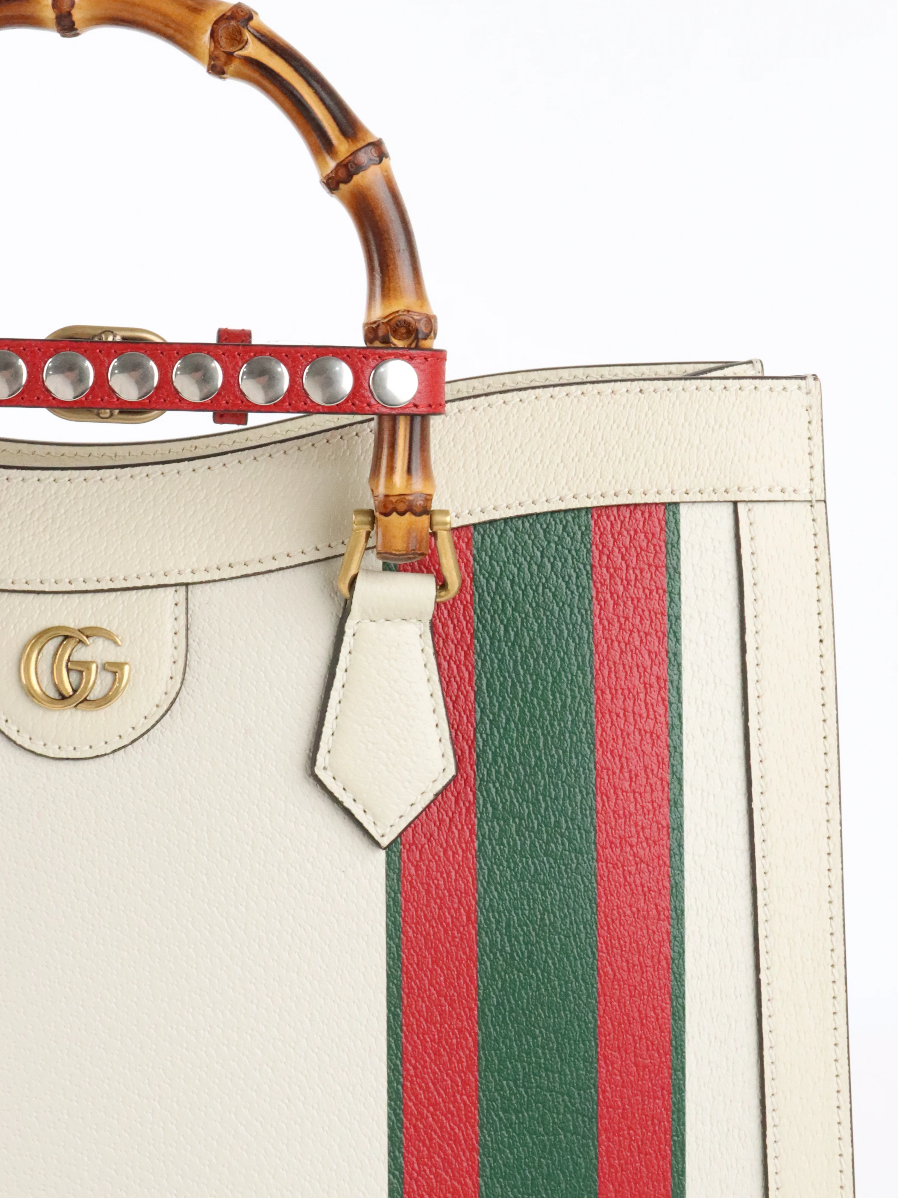 Gucci White Diana NM Stripe Bamboo Handle Bag