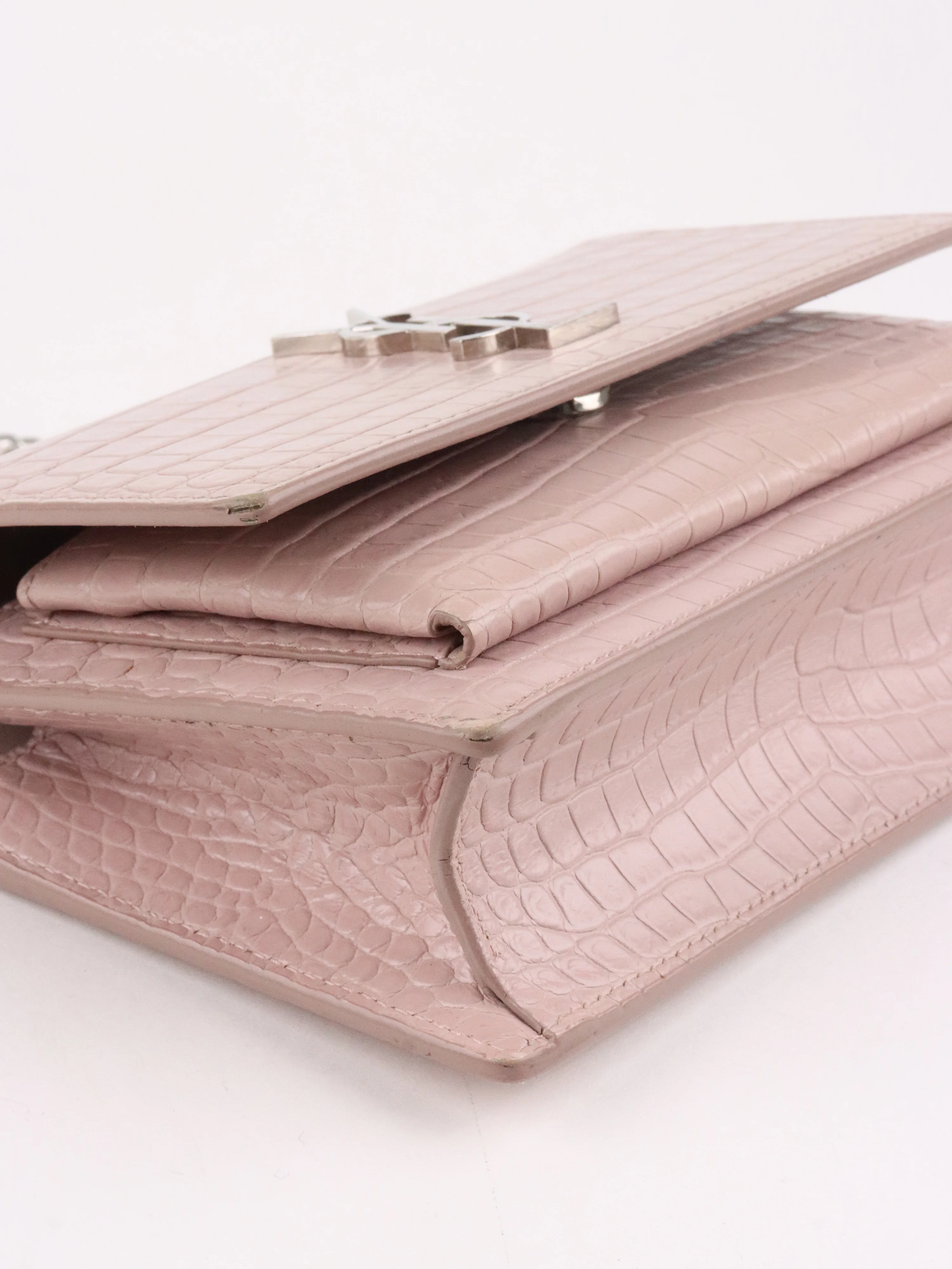 Saint Laurent Mini Pink Sunset Crocodile Embossed Leather Bag