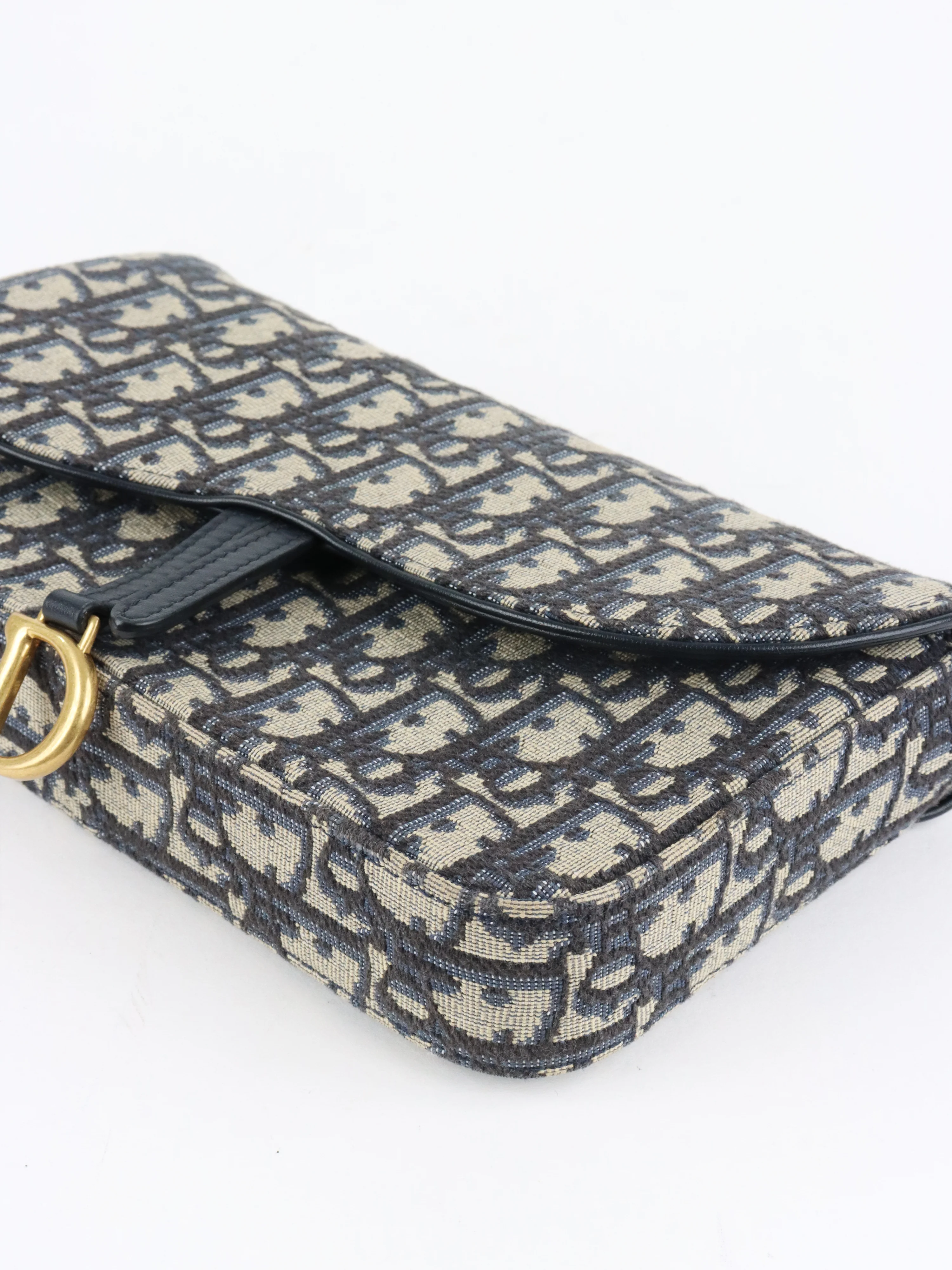 Dior Blue Oblique Jacquard Medium Saddle Pouch with Chain