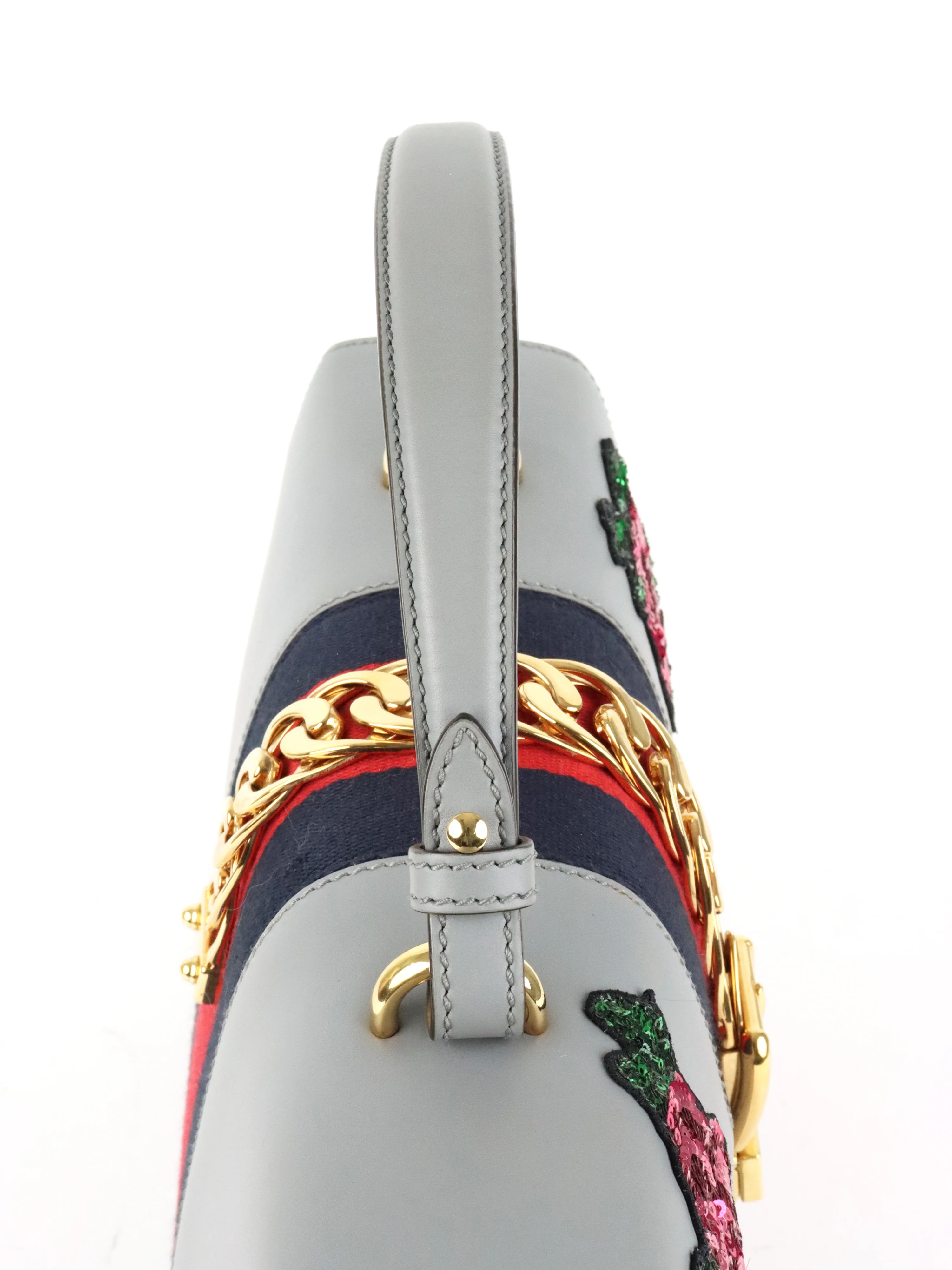 Gucci Medium Grey Floral Sequin Sylvie Top Handle Bag