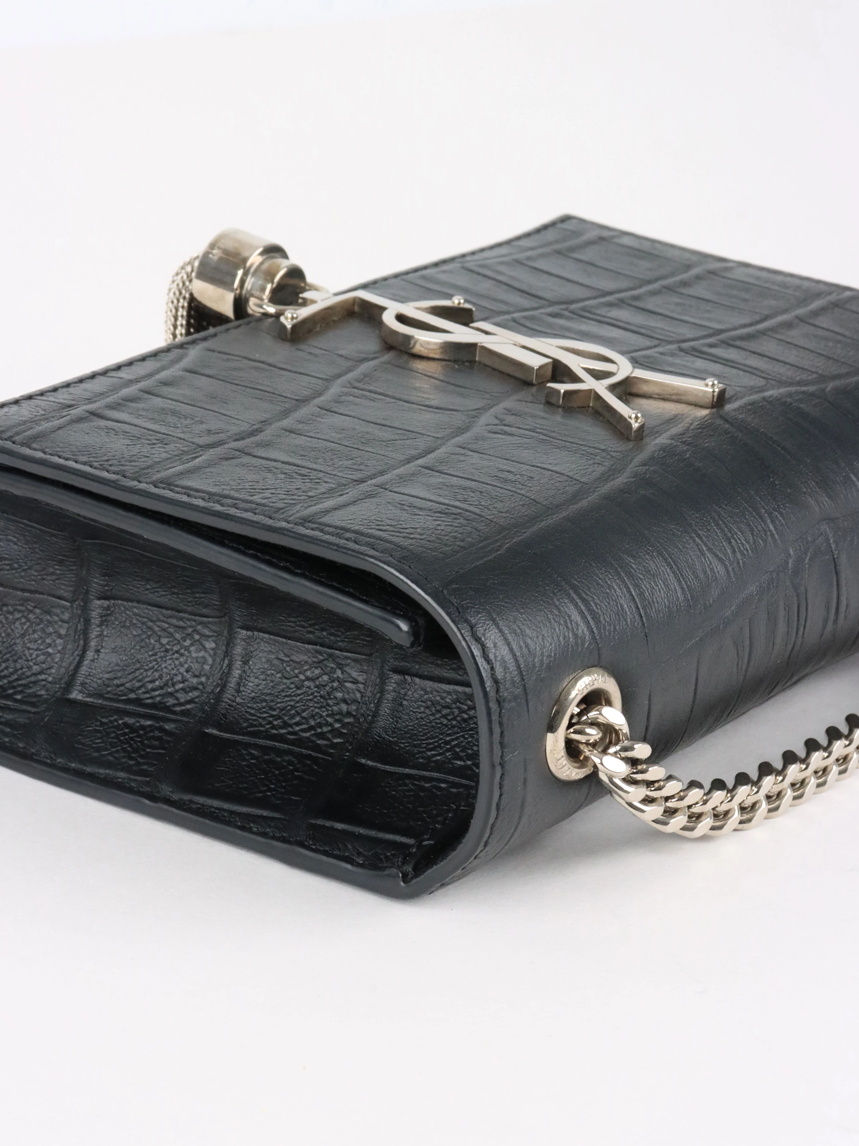 Saint Laurent Black Small Croc Embossed Kate Tassel SHW