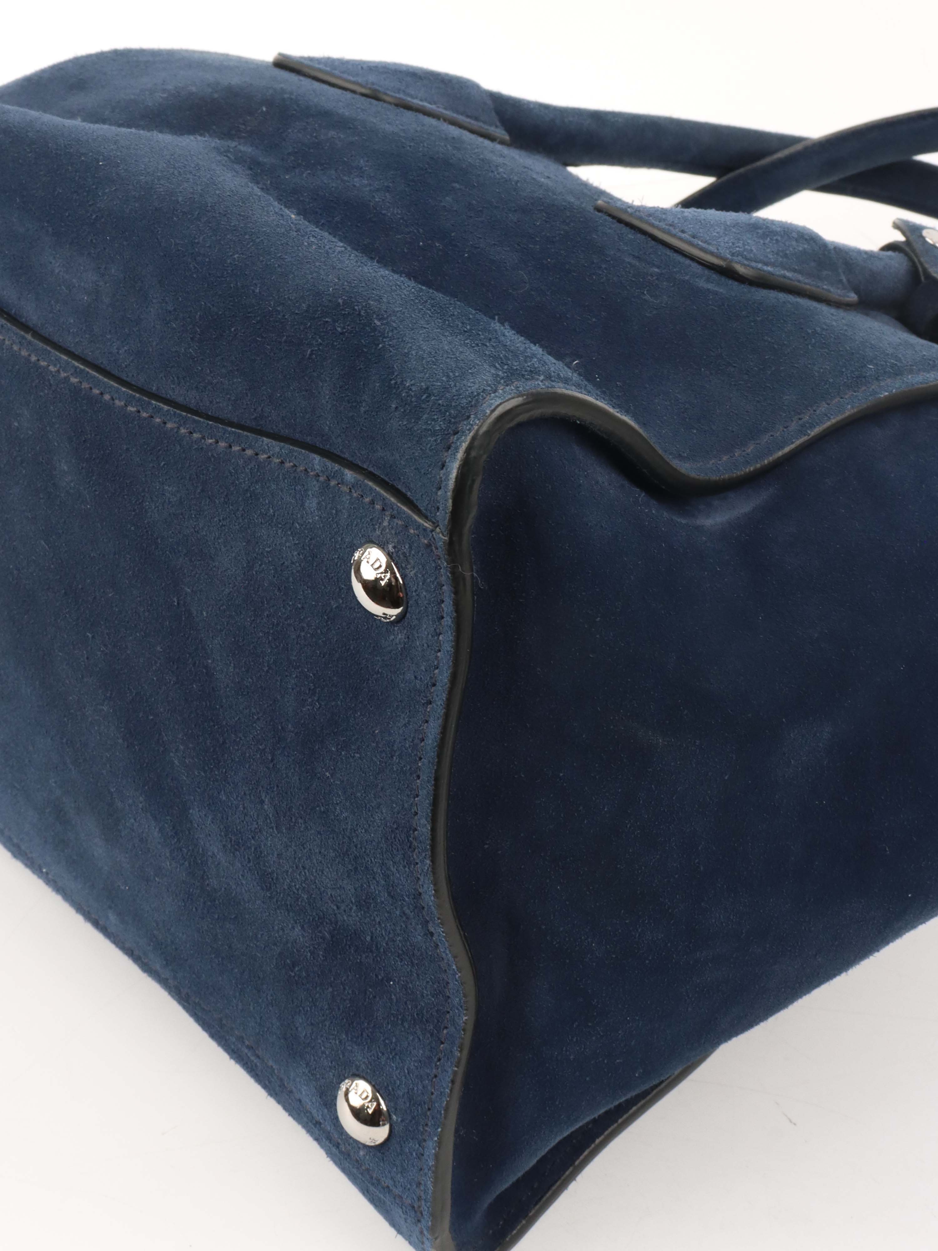 Prada Royal Blue Suede Double Zipped Shoulder Bag.