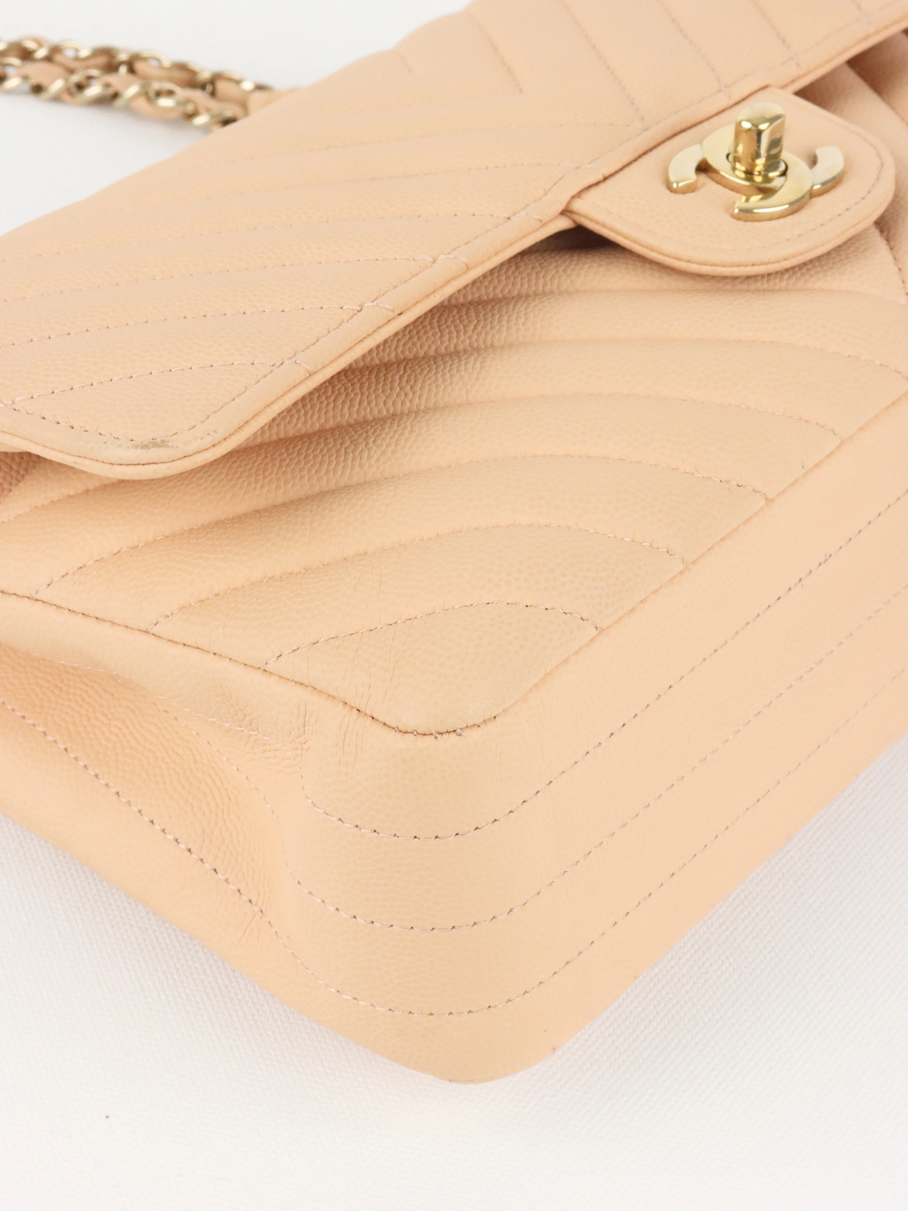 Chanel Beige Claire Chevron Caviar Classic Flap