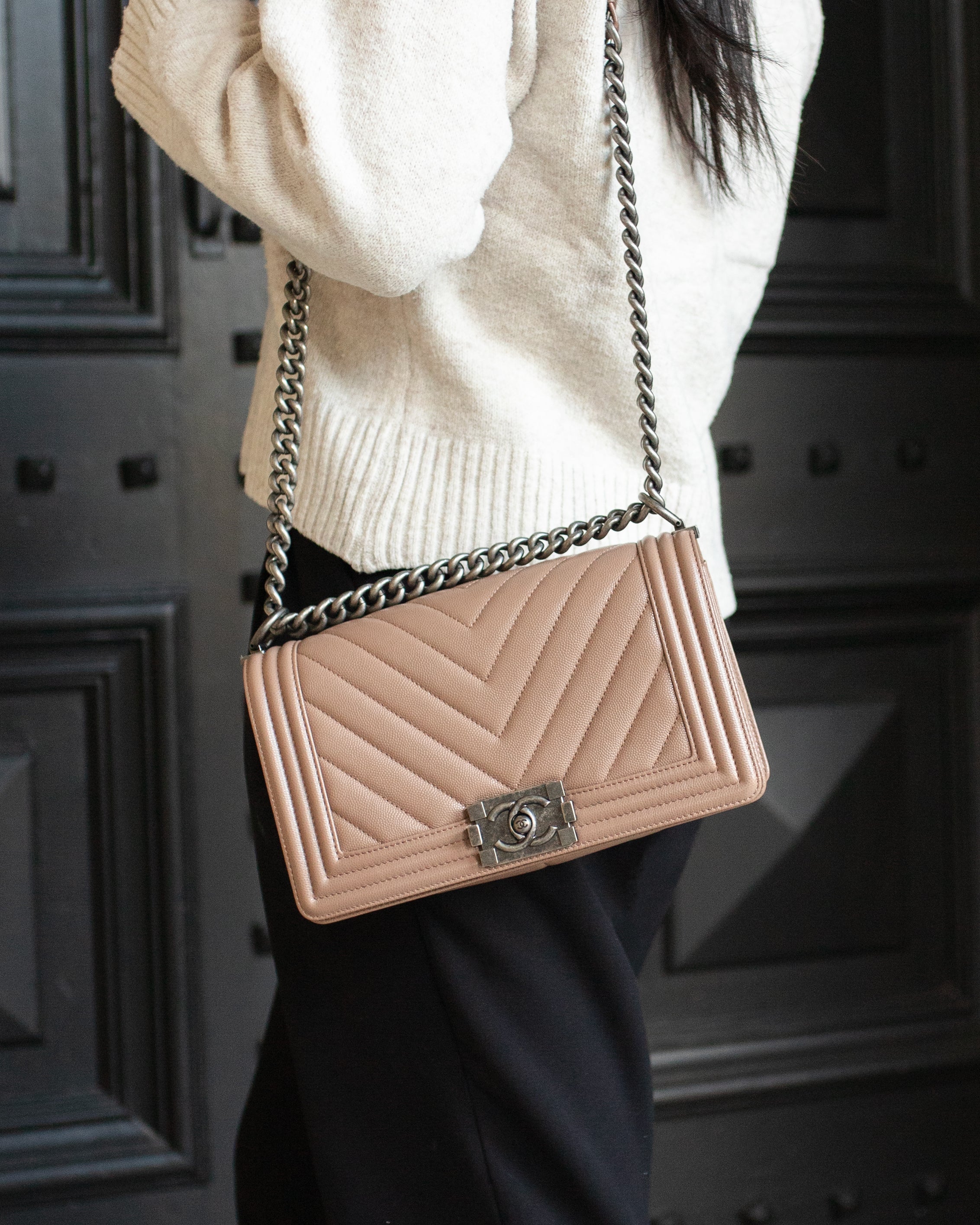 Chanel Dark Beige Chevron Old Medium Caviar Boy Bag