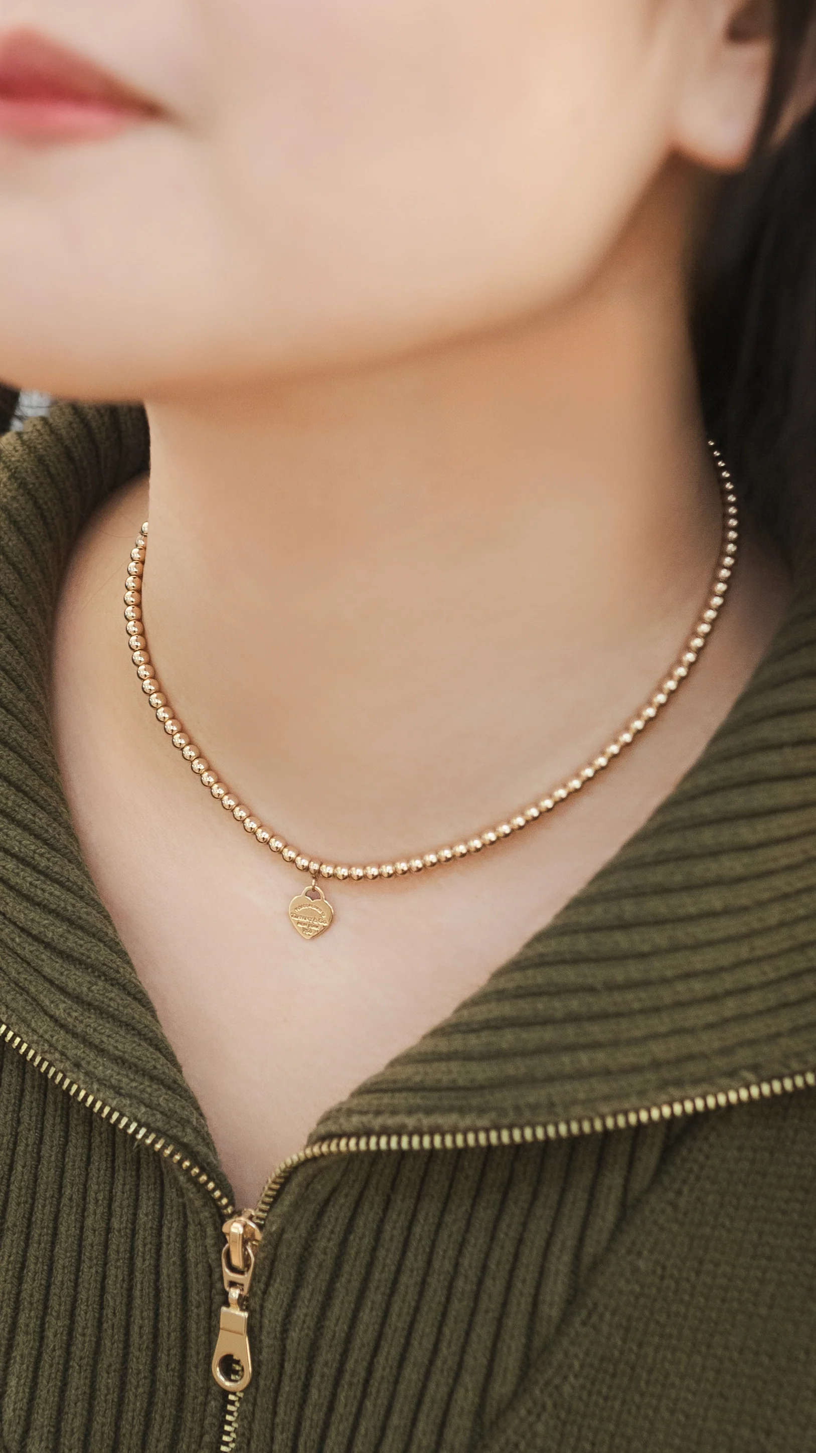 Tiffany  Co Yellow Gold Mini Heart Tag Bead Necklace