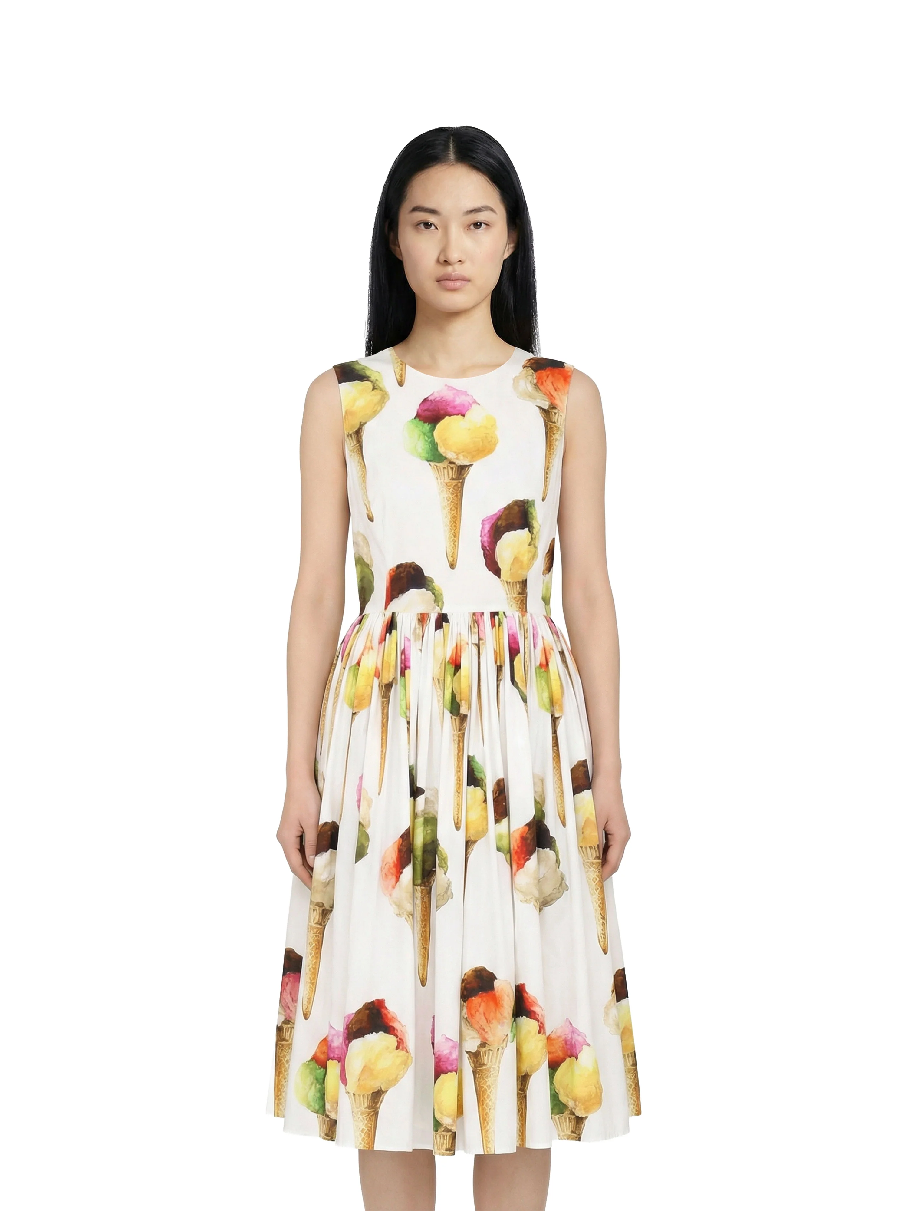 Dolce  Gabbana White Ice Cream Print Cotton Gathered Dress.