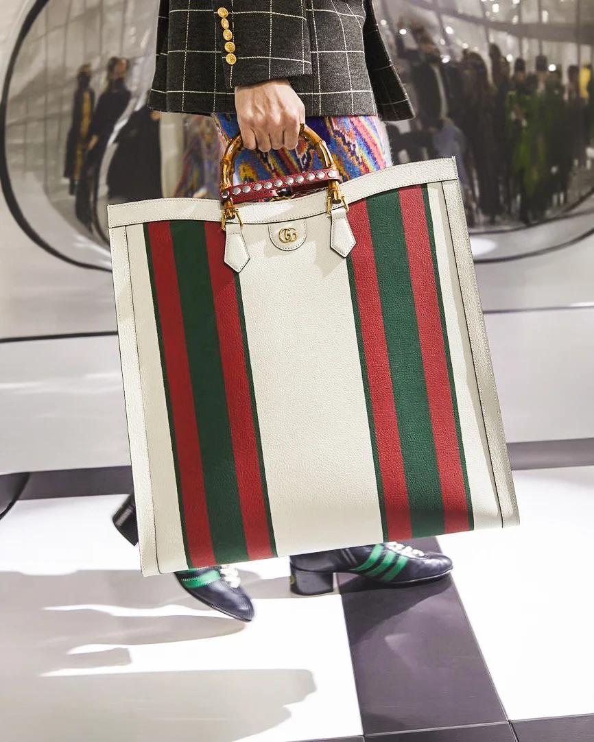 Gucci White Diana NM Stripe Bamboo Handle Bag