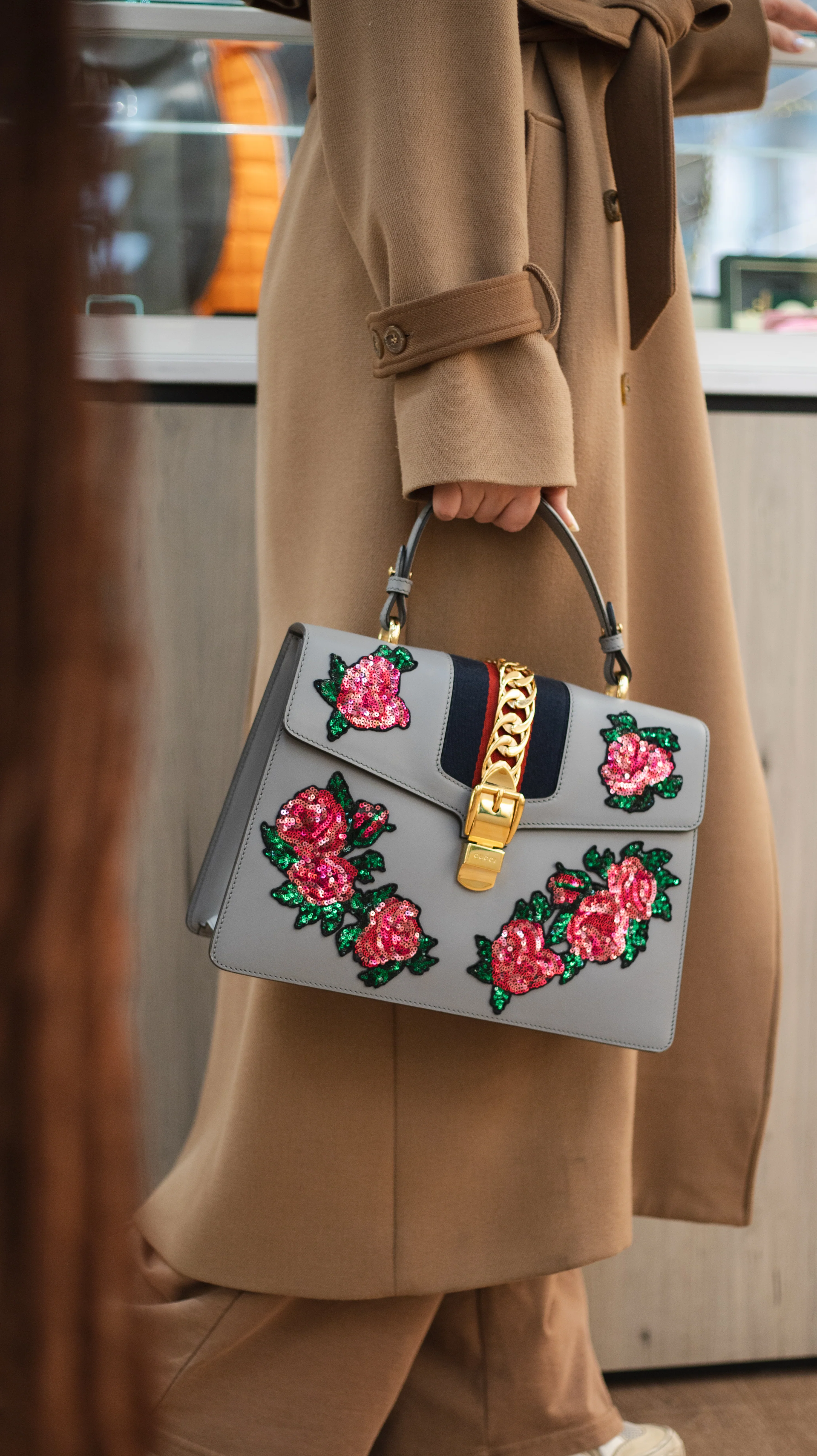 Gucci Medium Grey Floral Sequin Sylvie Top Handle Bag