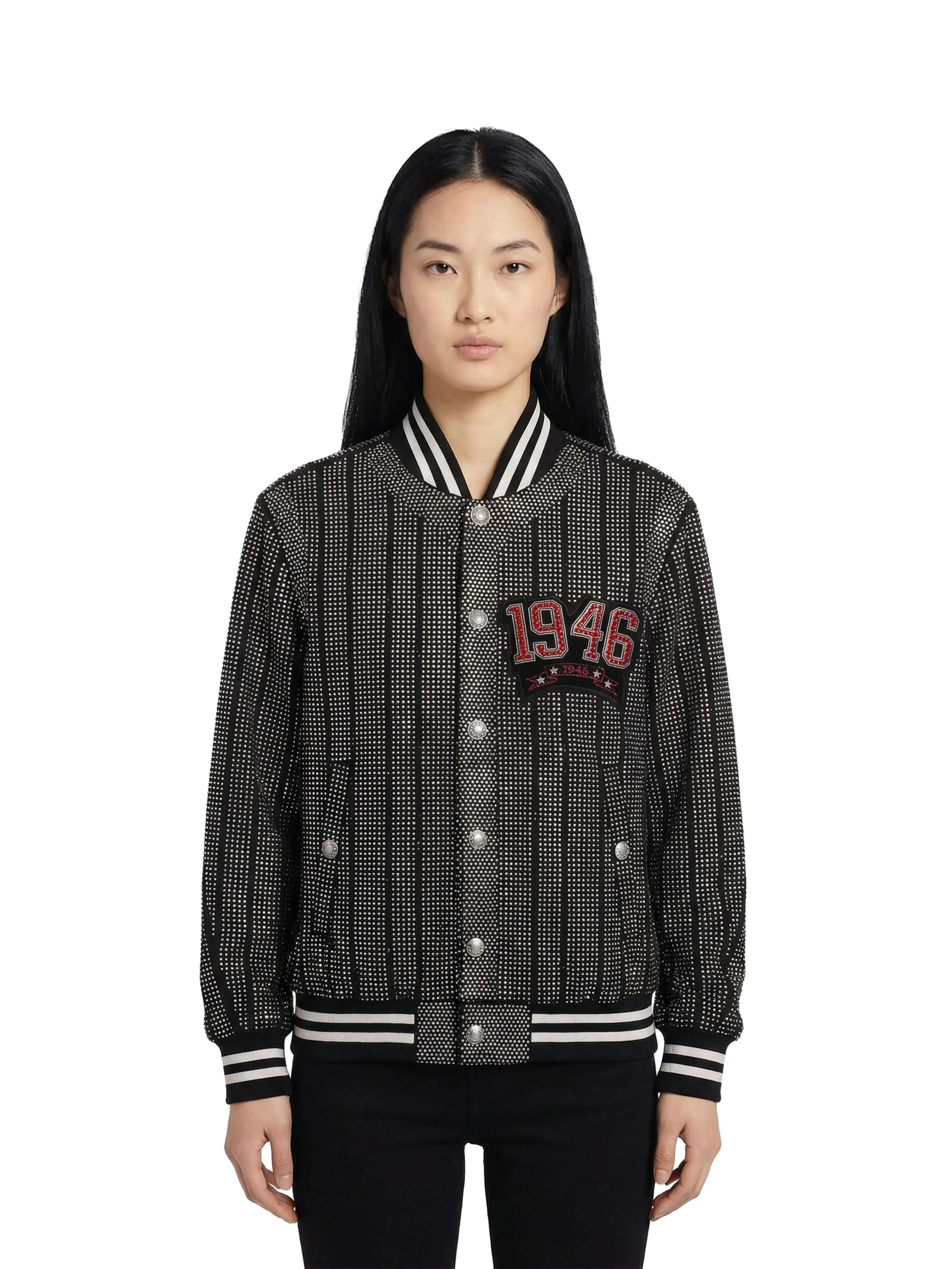 Balmain 1946 Strass Striped Bomber Jacket.