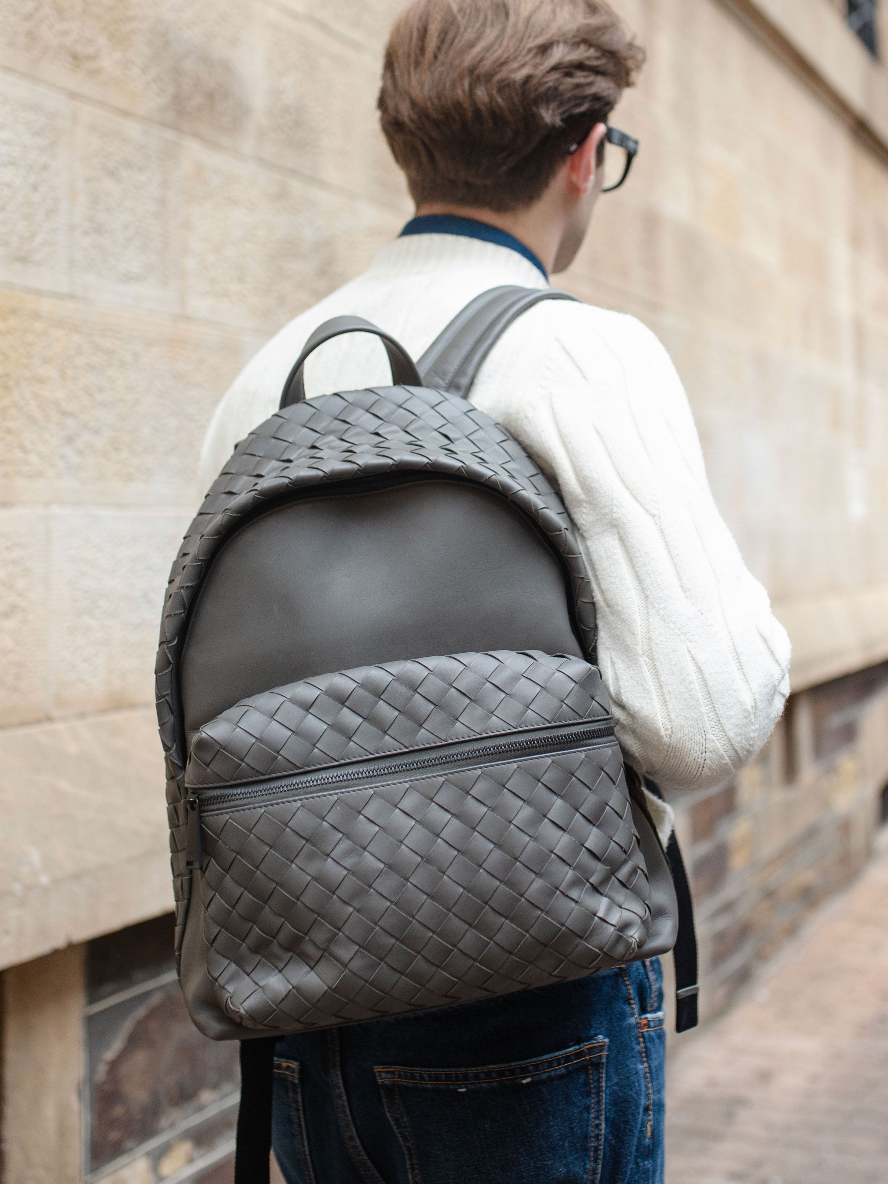 Bottega Veneta Grey Intrecciato Leather Backpack