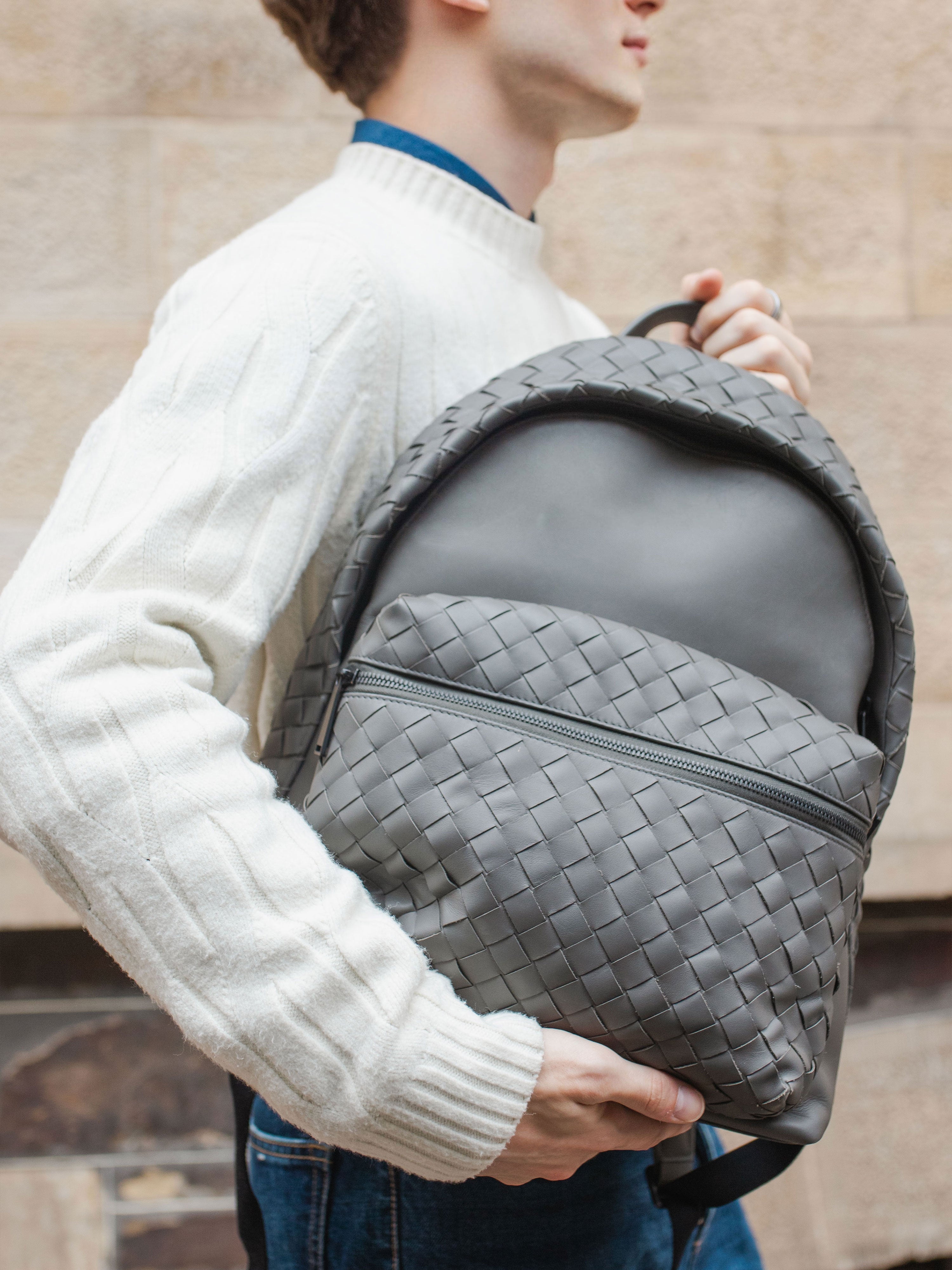 Bottega Veneta Grey Intrecciato Leather Backpack