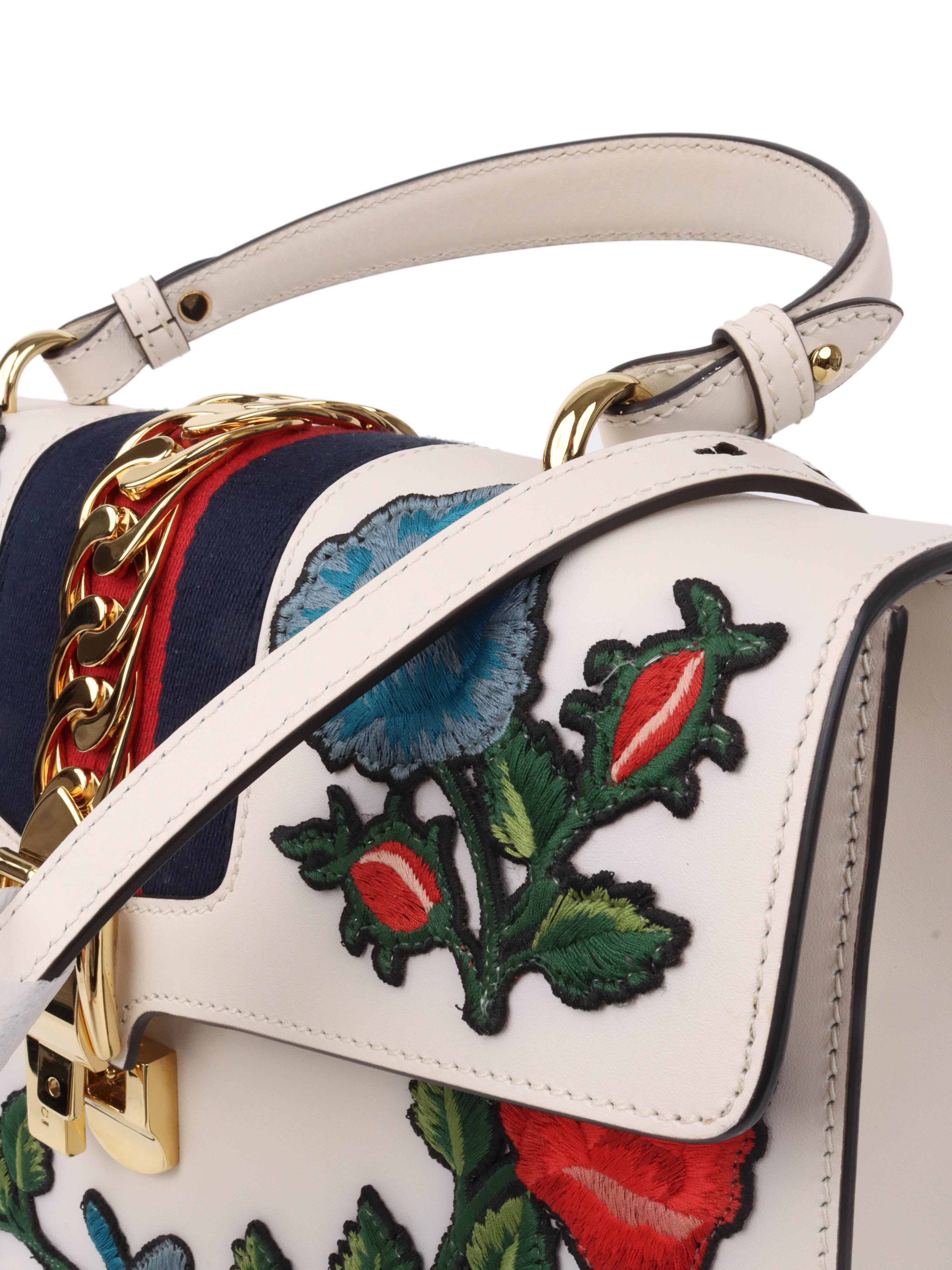 Gucci White Smooth Calfskin Leather Floral Embroidered Medium Sylvie Top Handle Bag