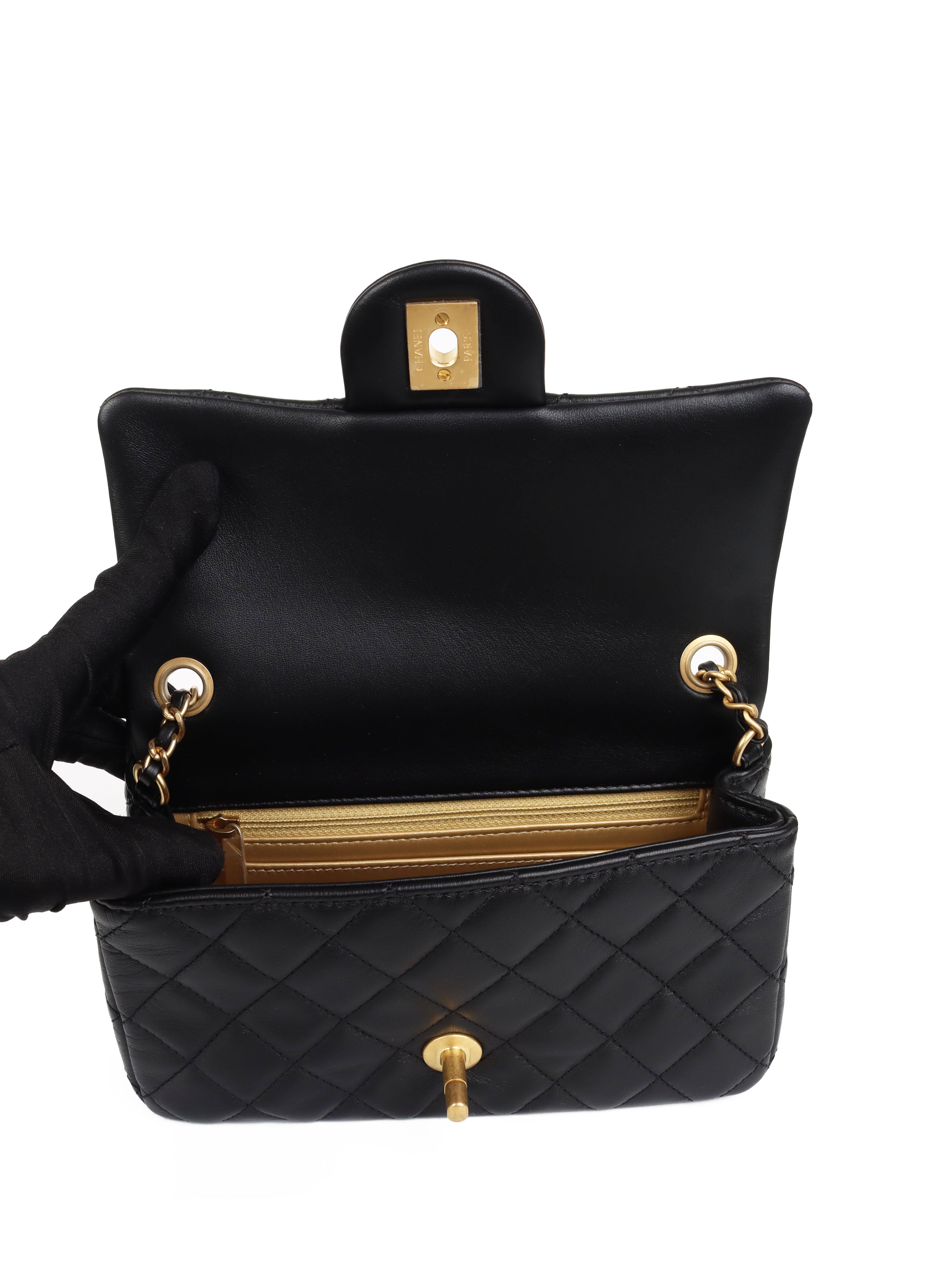 Chanel Black Mini Classic Flap Bag with Pearl Crush