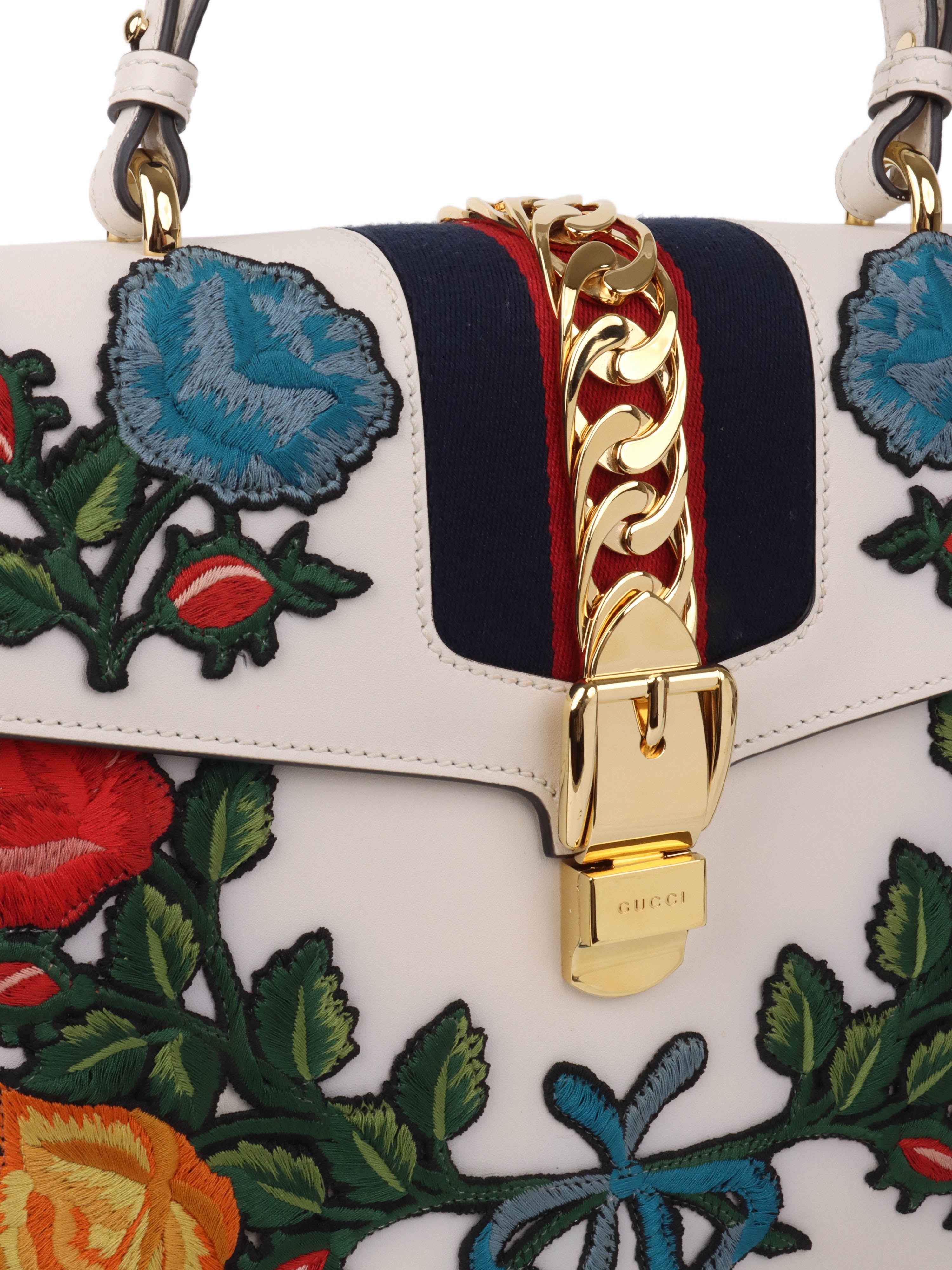 Gucci White Smooth Calfskin Leather Floral Embroidered Medium Sylvie Top Handle Bag