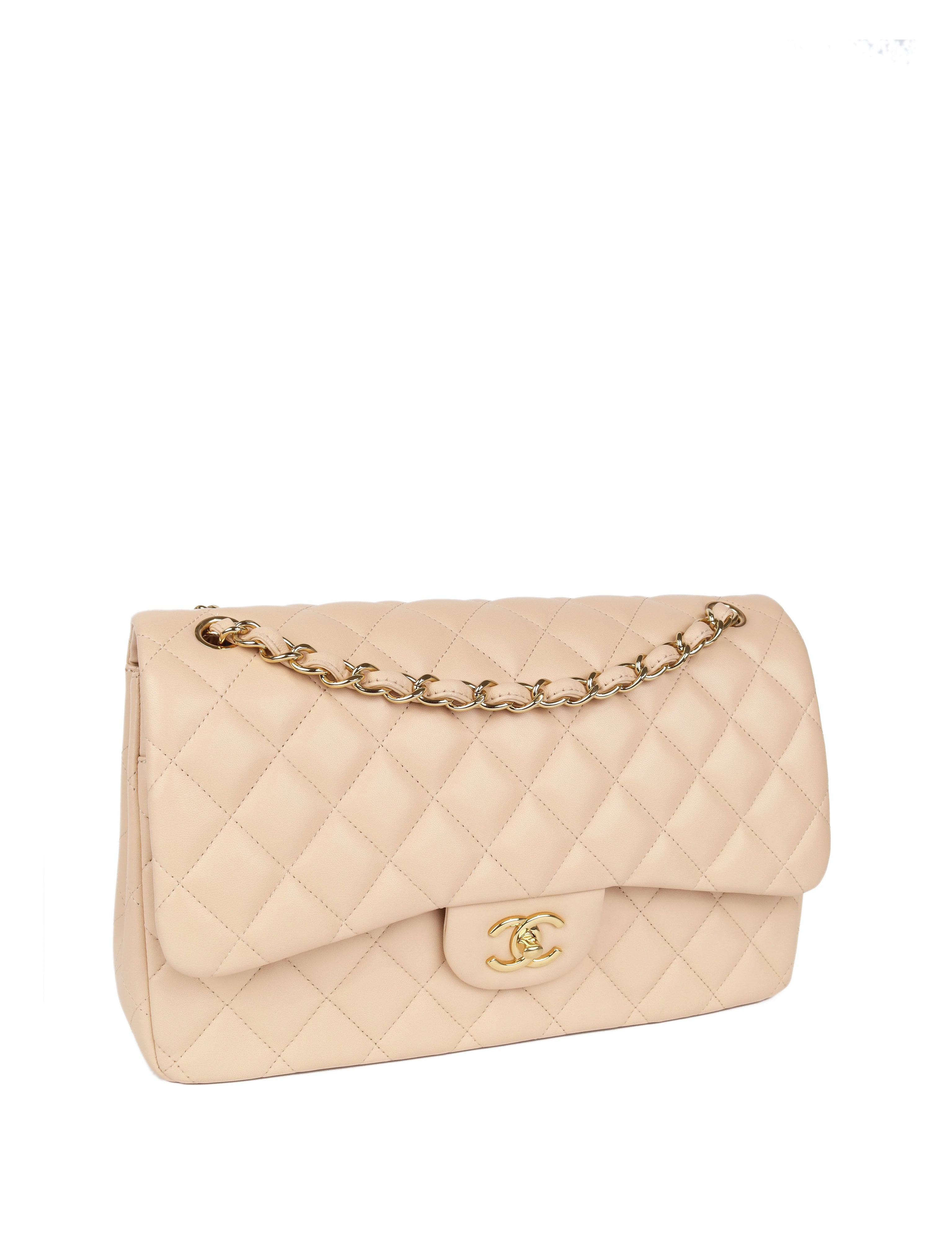 Chanel Beige Lambskin Jumbo Classic Flap GHW