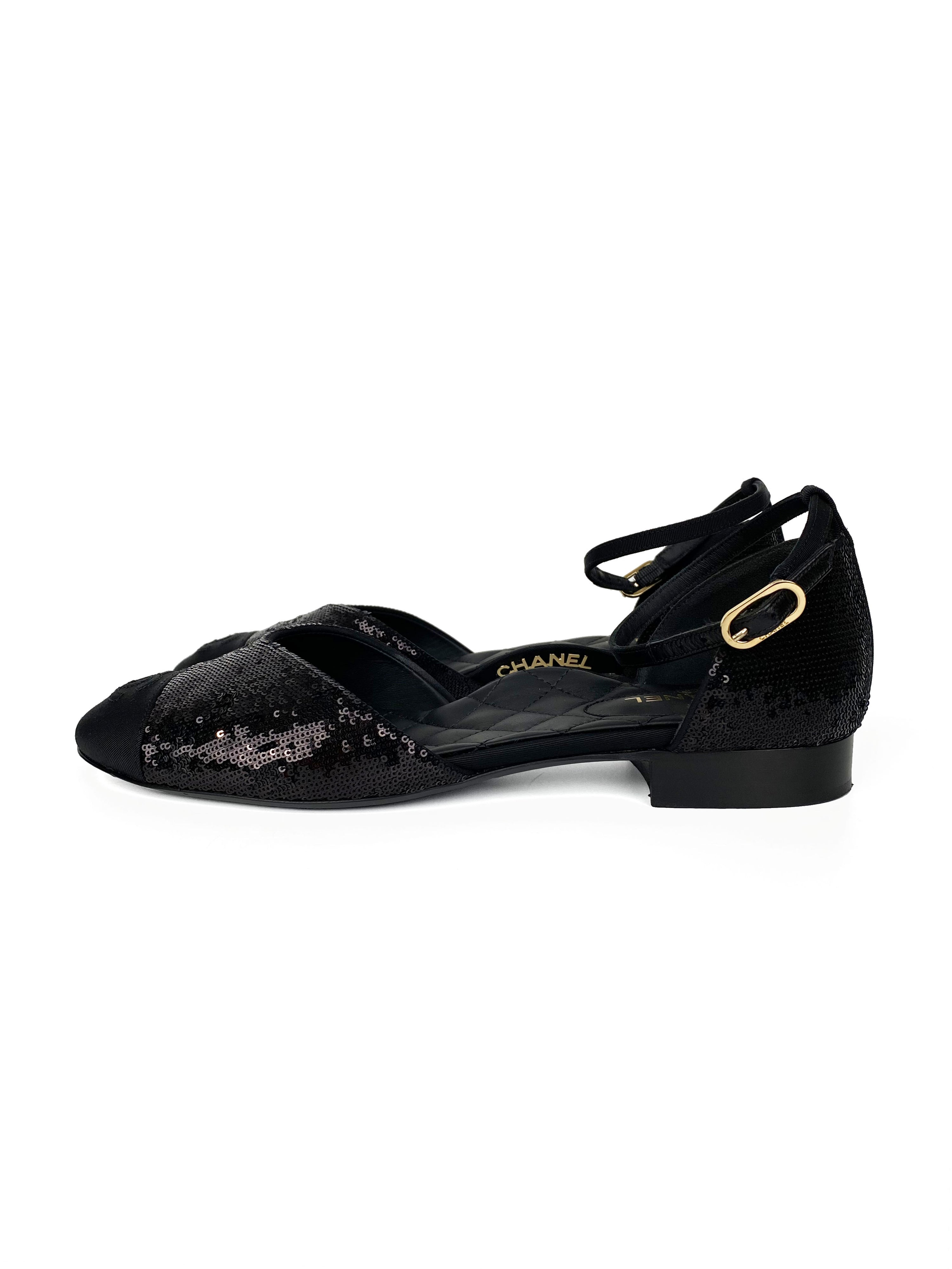 Chanel Black Sequin Mary Jane Shoes 39