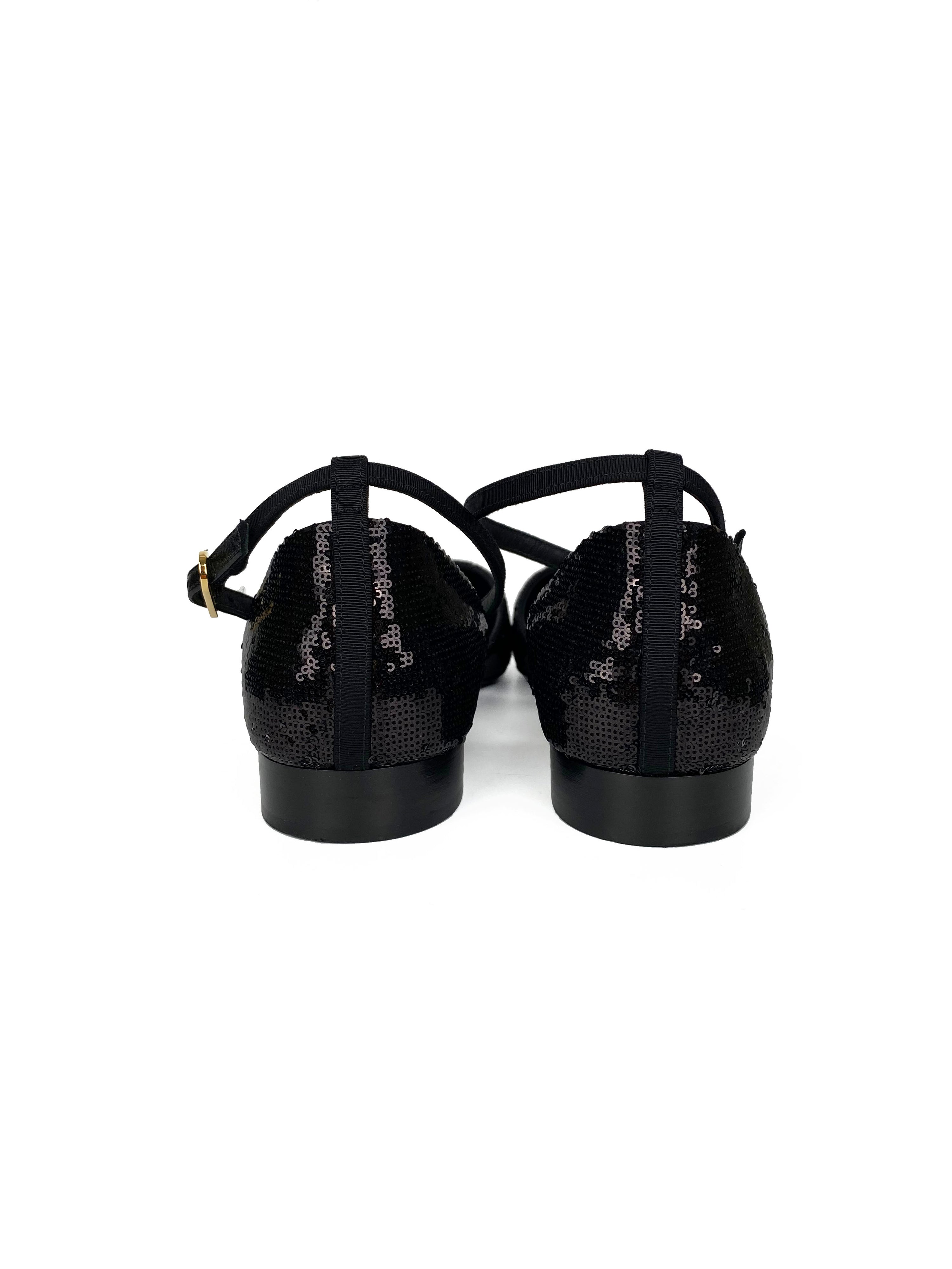 Chanel Black Sequin Mary Jane Shoes 39