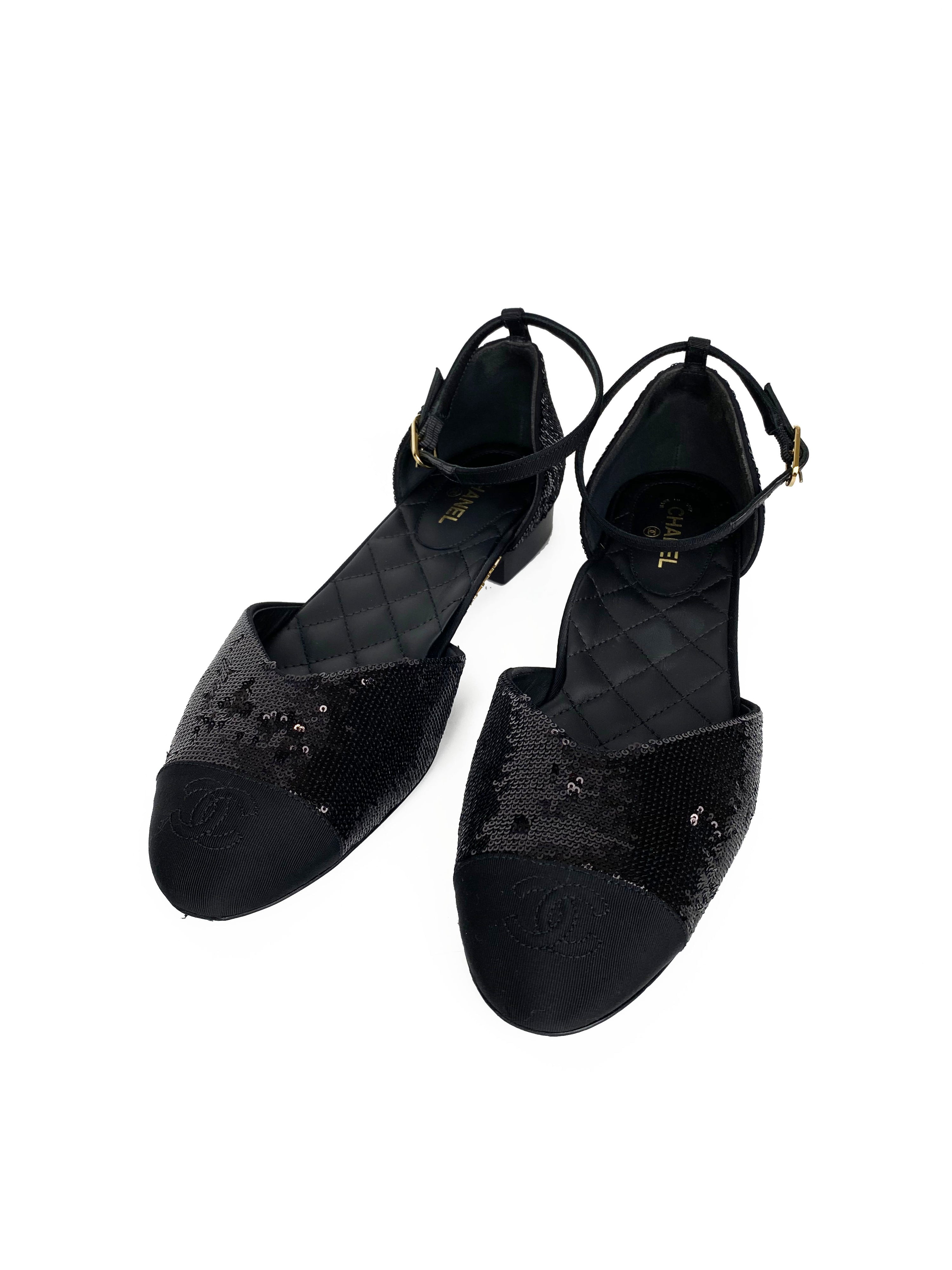 Chanel Black Sequin Mary Jane Shoes 39