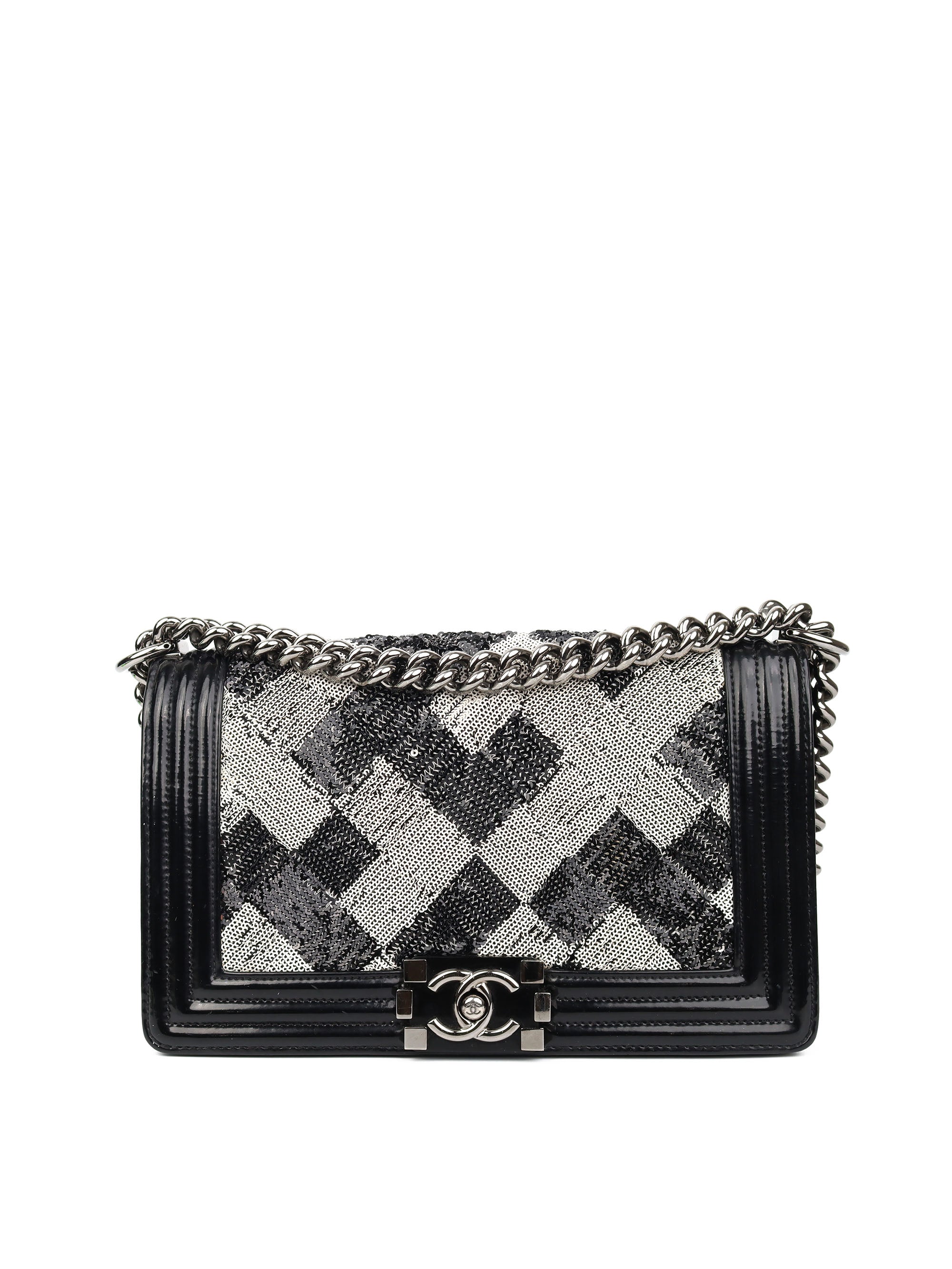 Chanel Black 
White Sequin Medium Boy Bag