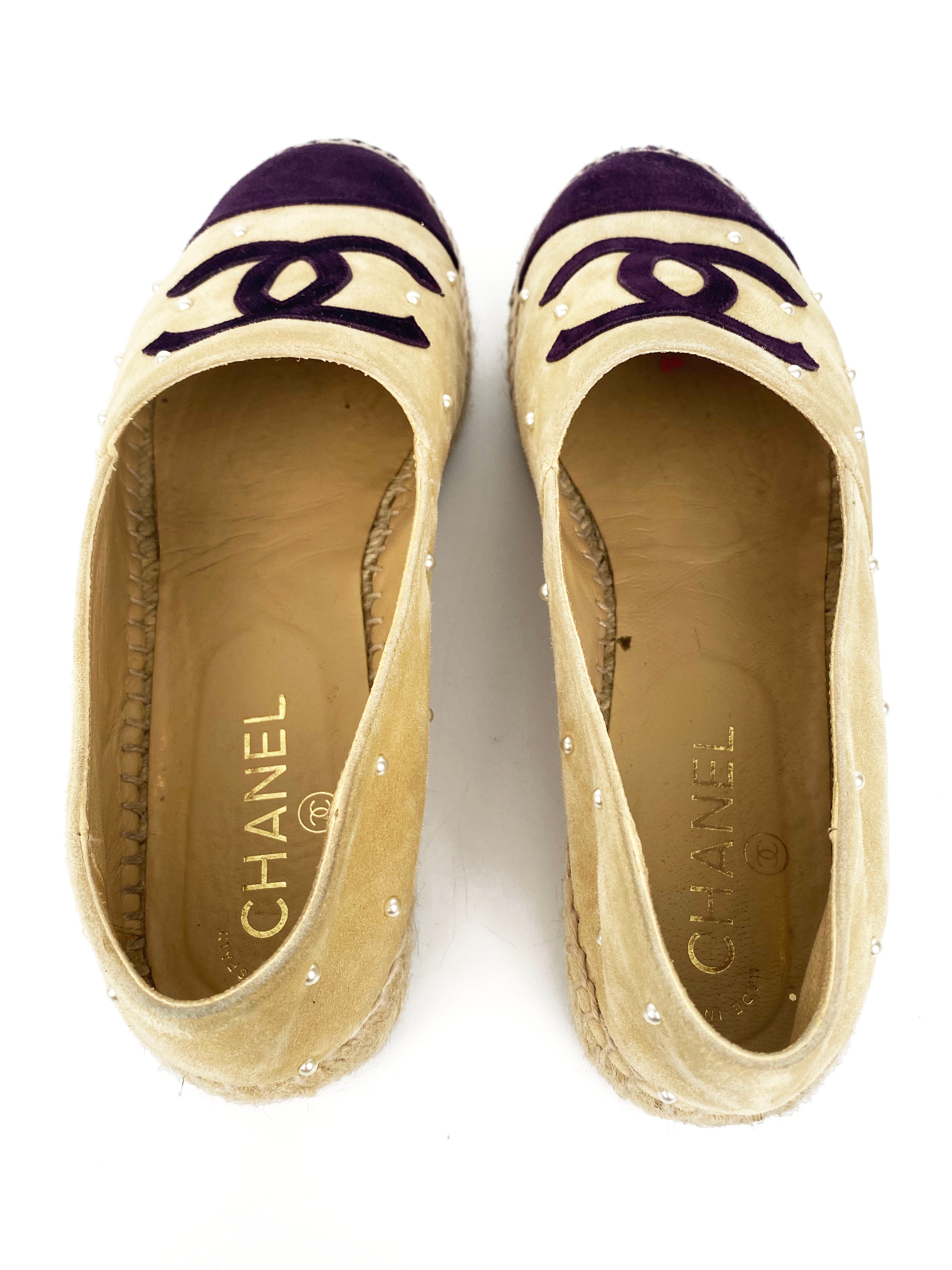 Chanel CC Pearl Studded Suede Espadrilles 39