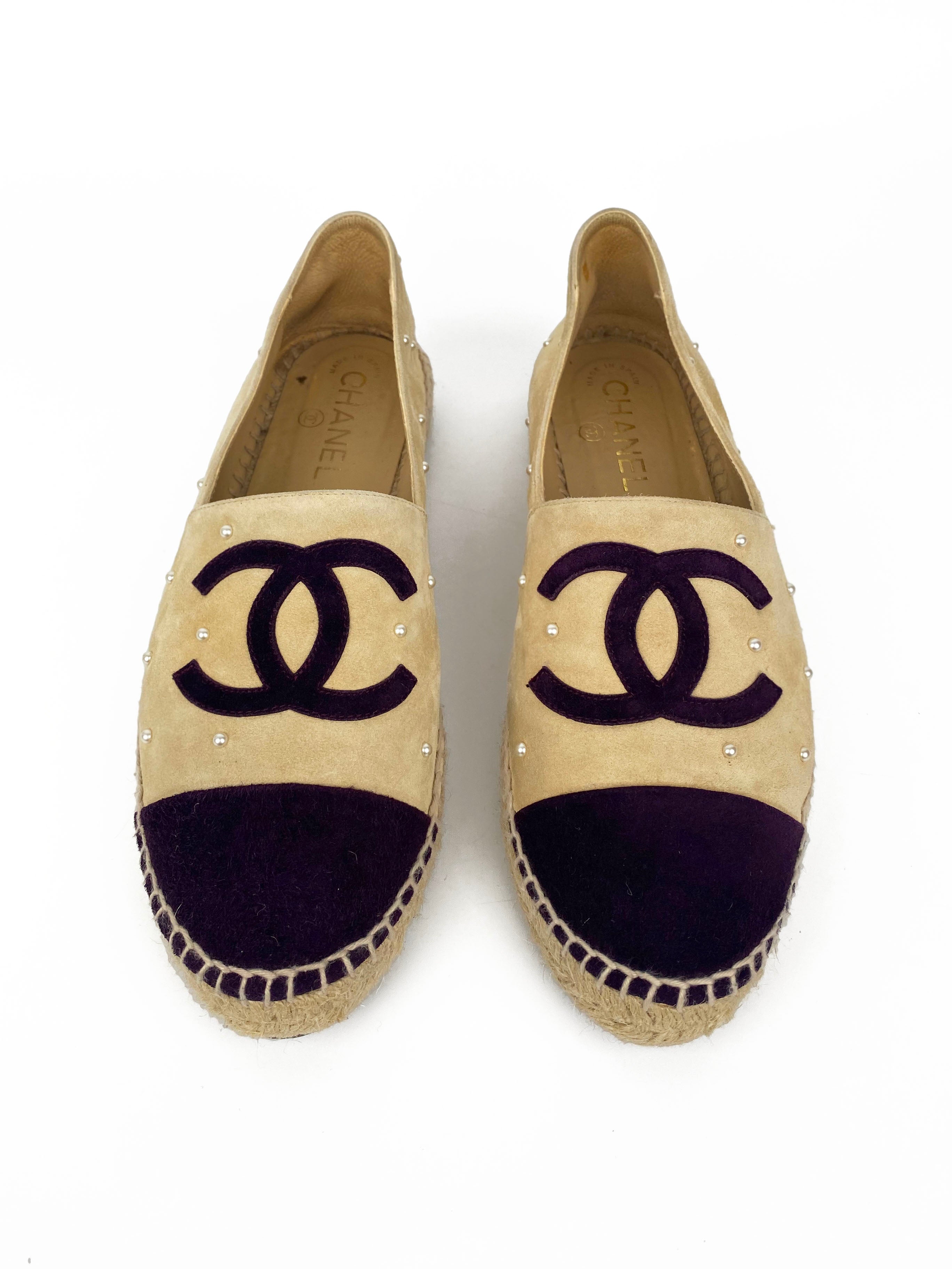 Chanel CC Pearl Studded Suede Espadrilles 39