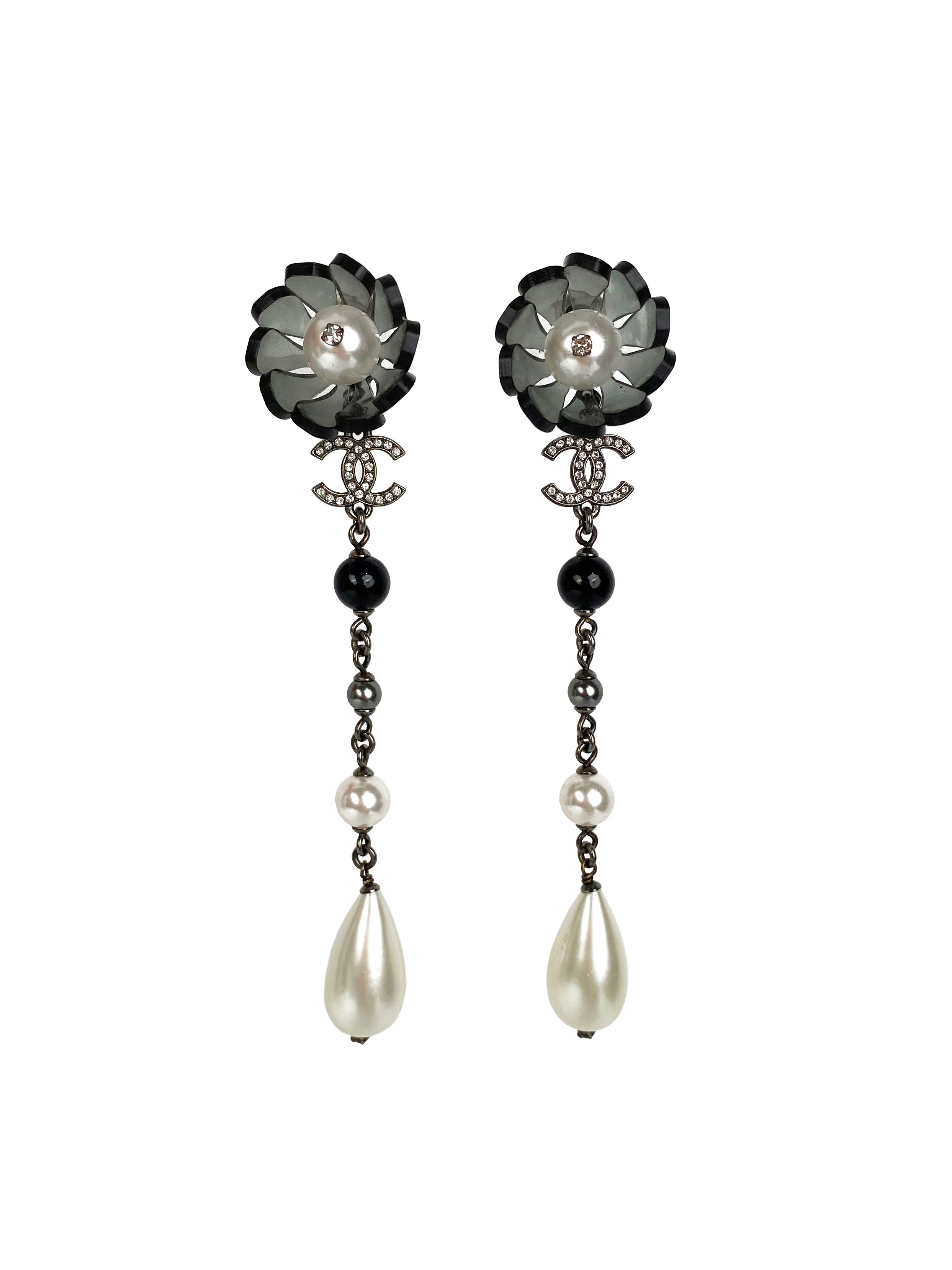 Chanel Flower 
Pearl Clip-On Drop Earrings