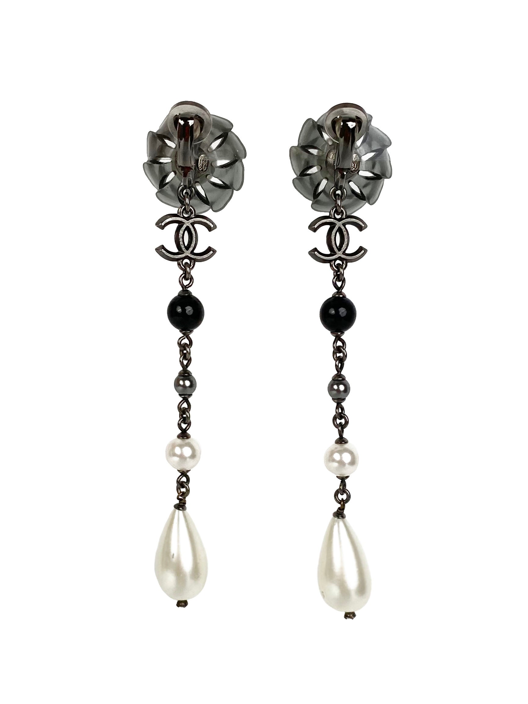 Chanel Flower 
Pearl Clip-On Drop Earrings