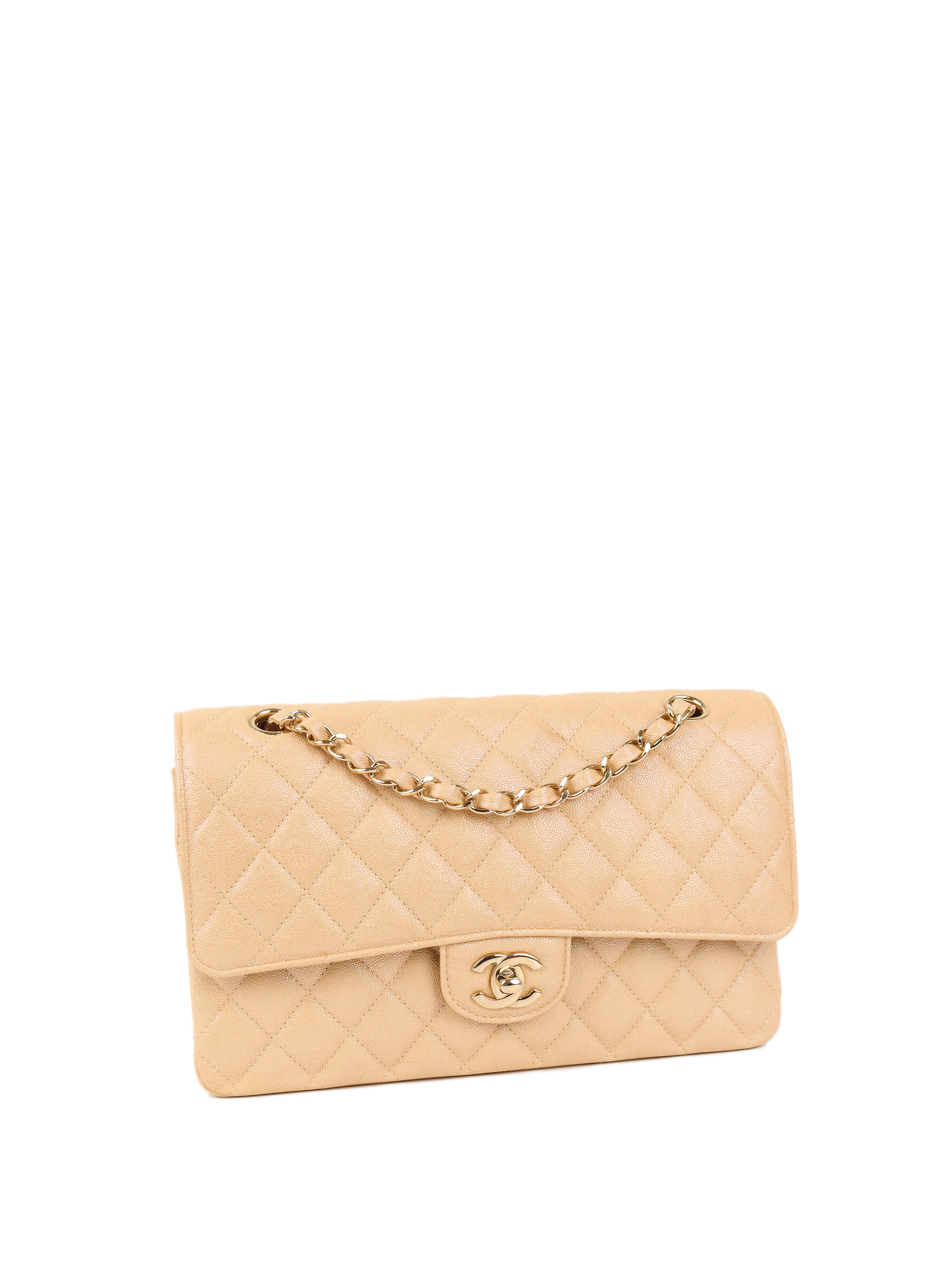 Chanel Iridescent Beige Caviar Medium Double Classic Flap LGHW