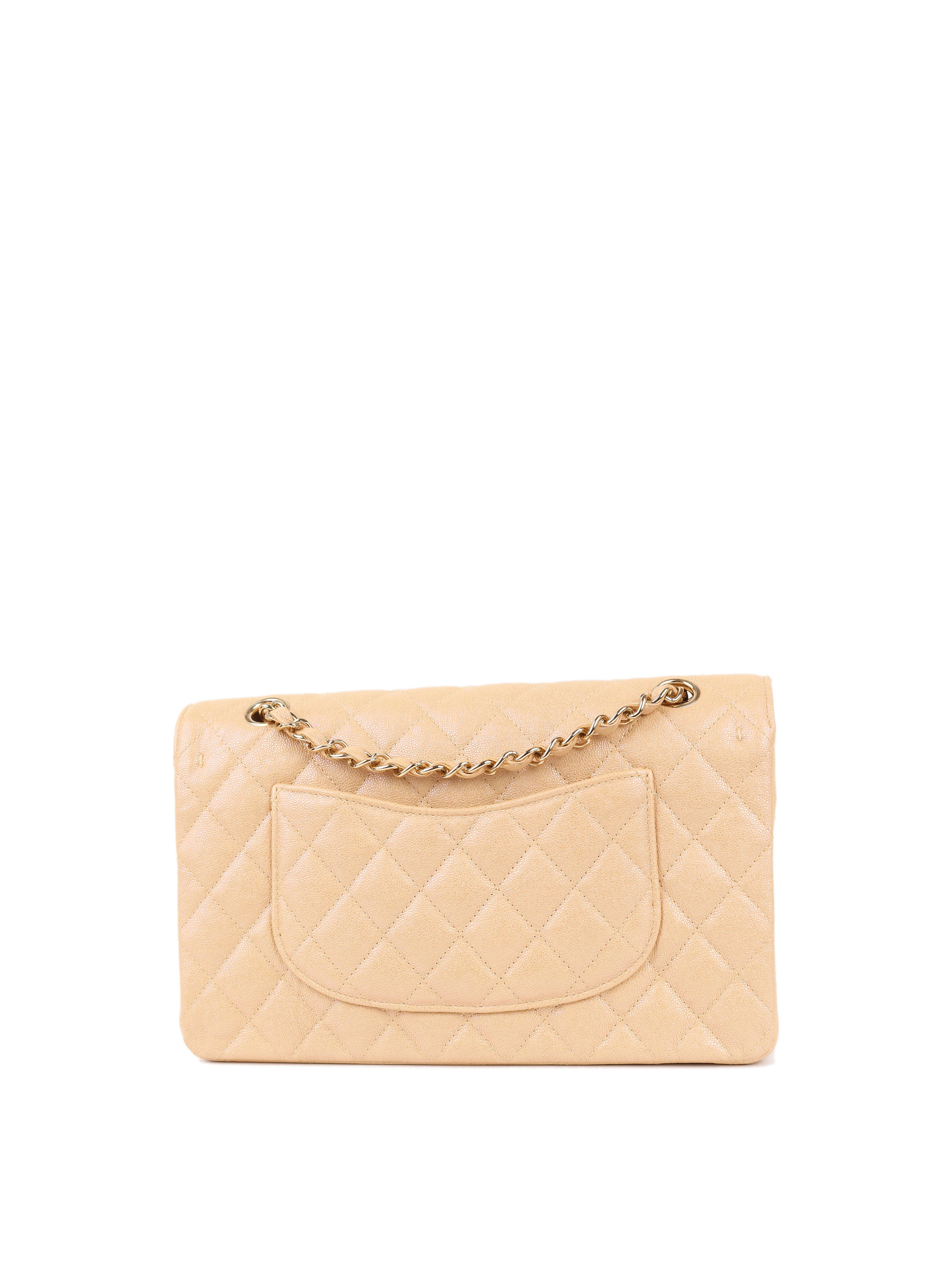 Chanel Iridescent Beige Caviar Medium Double Classic Flap LGHW