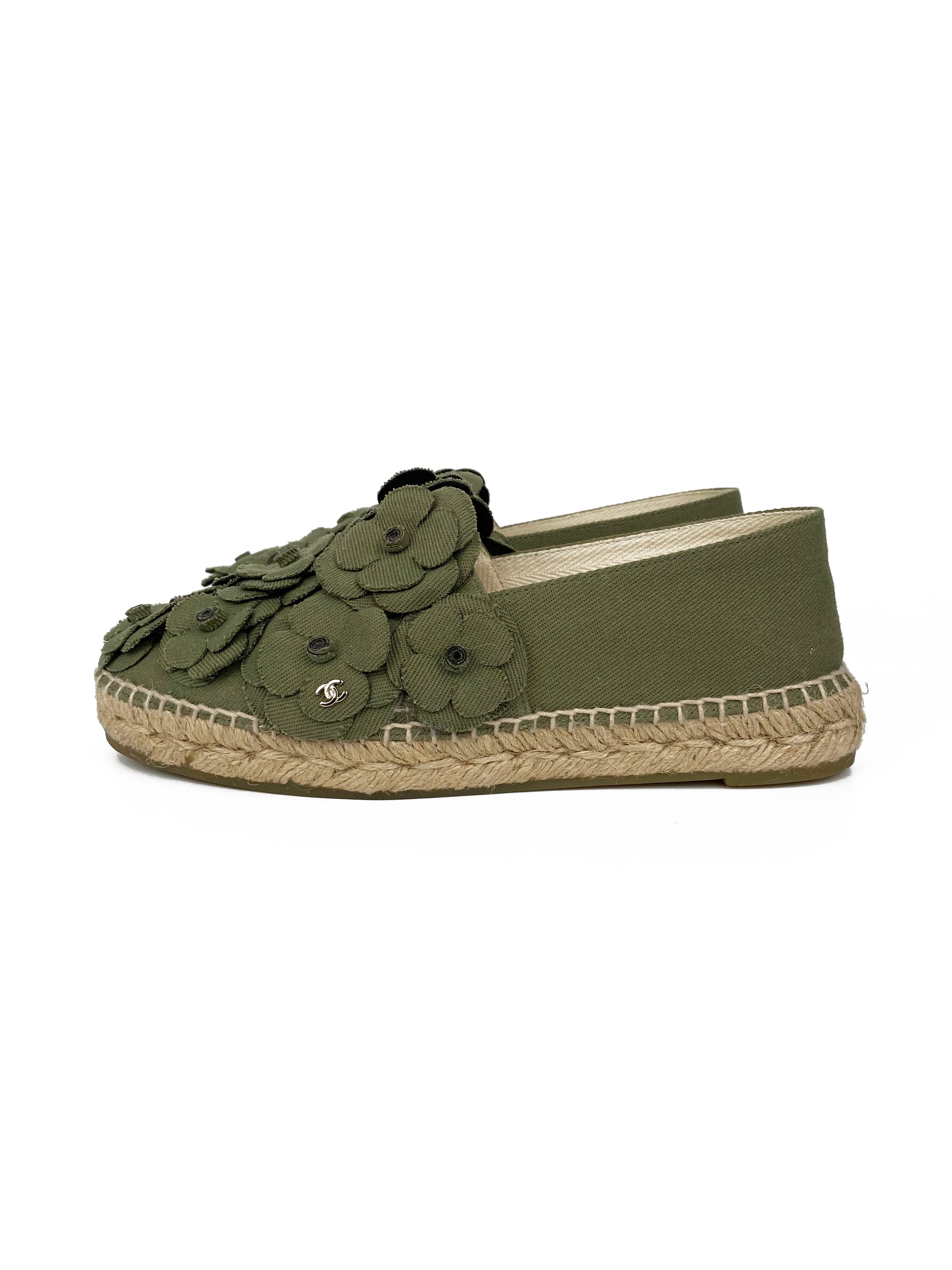 Chanel Khaki Camellia Espadrilles 38